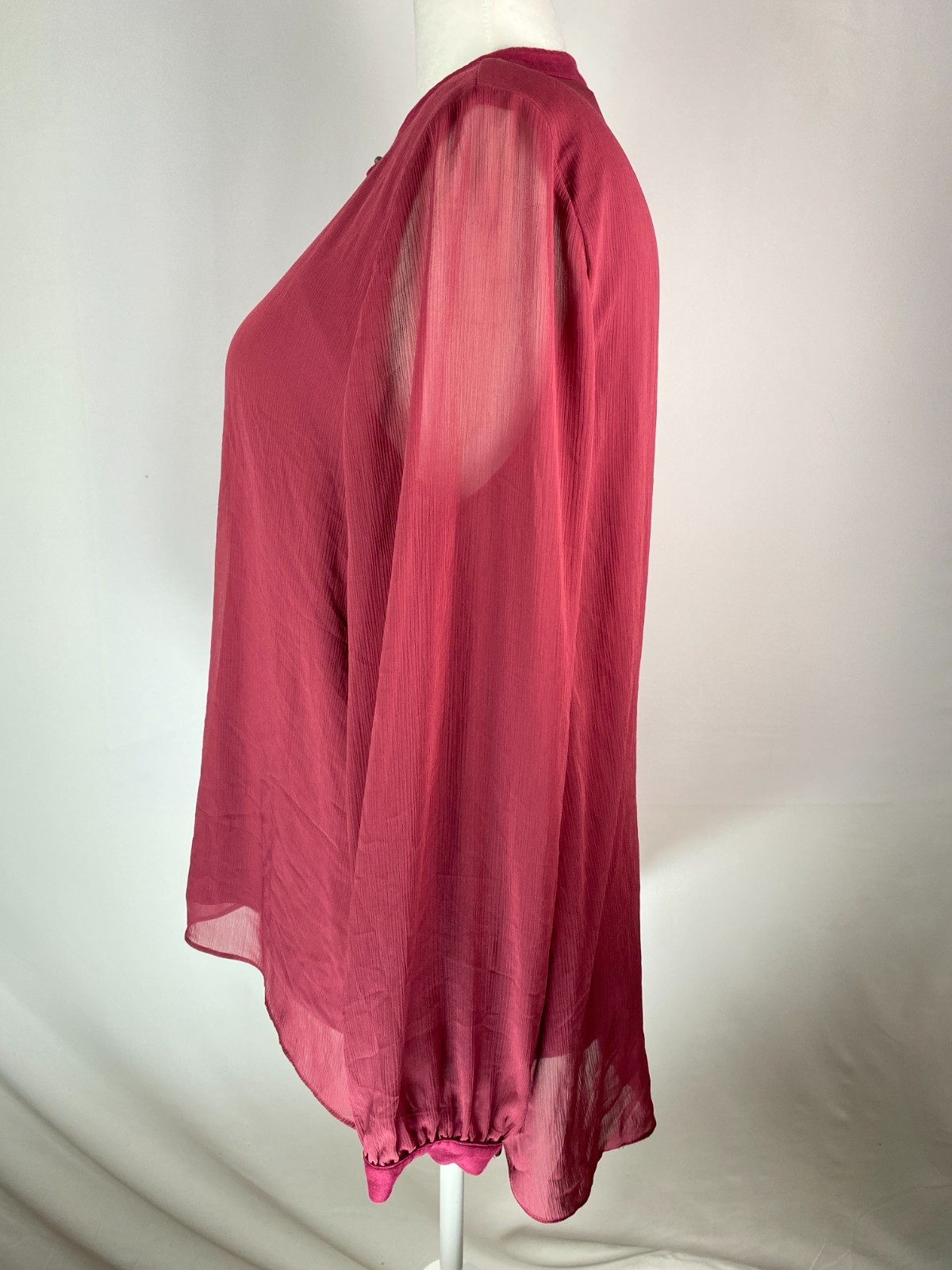 Soft Surroundings Sz XL Toggle Buttons Burgundy Sheer Overlay Blouse High Low