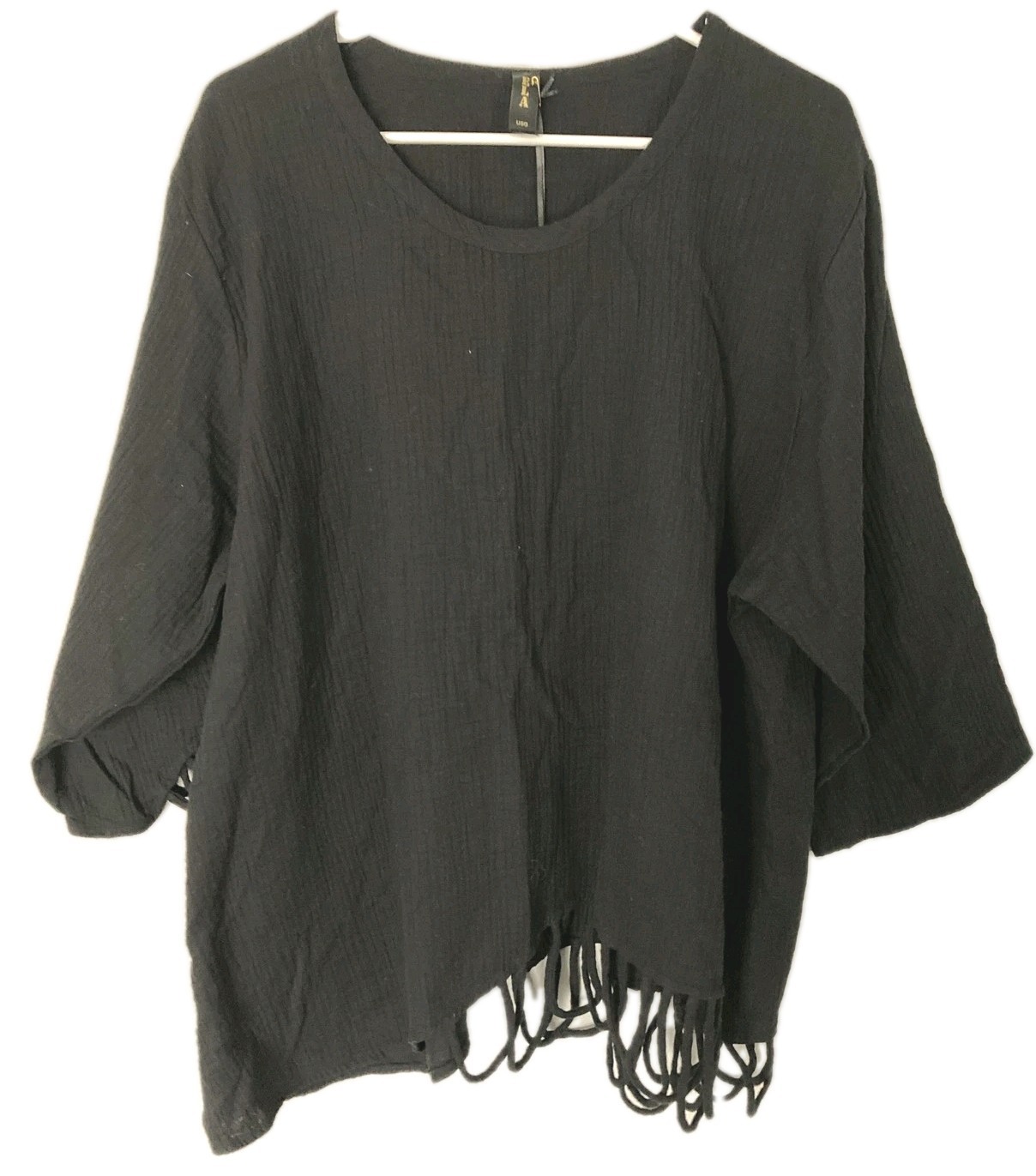 ELA Shirt Women 1X Black Loop Fringe Hem 3/4 Sleeve Crinkle Cotton Tunic Top NWT