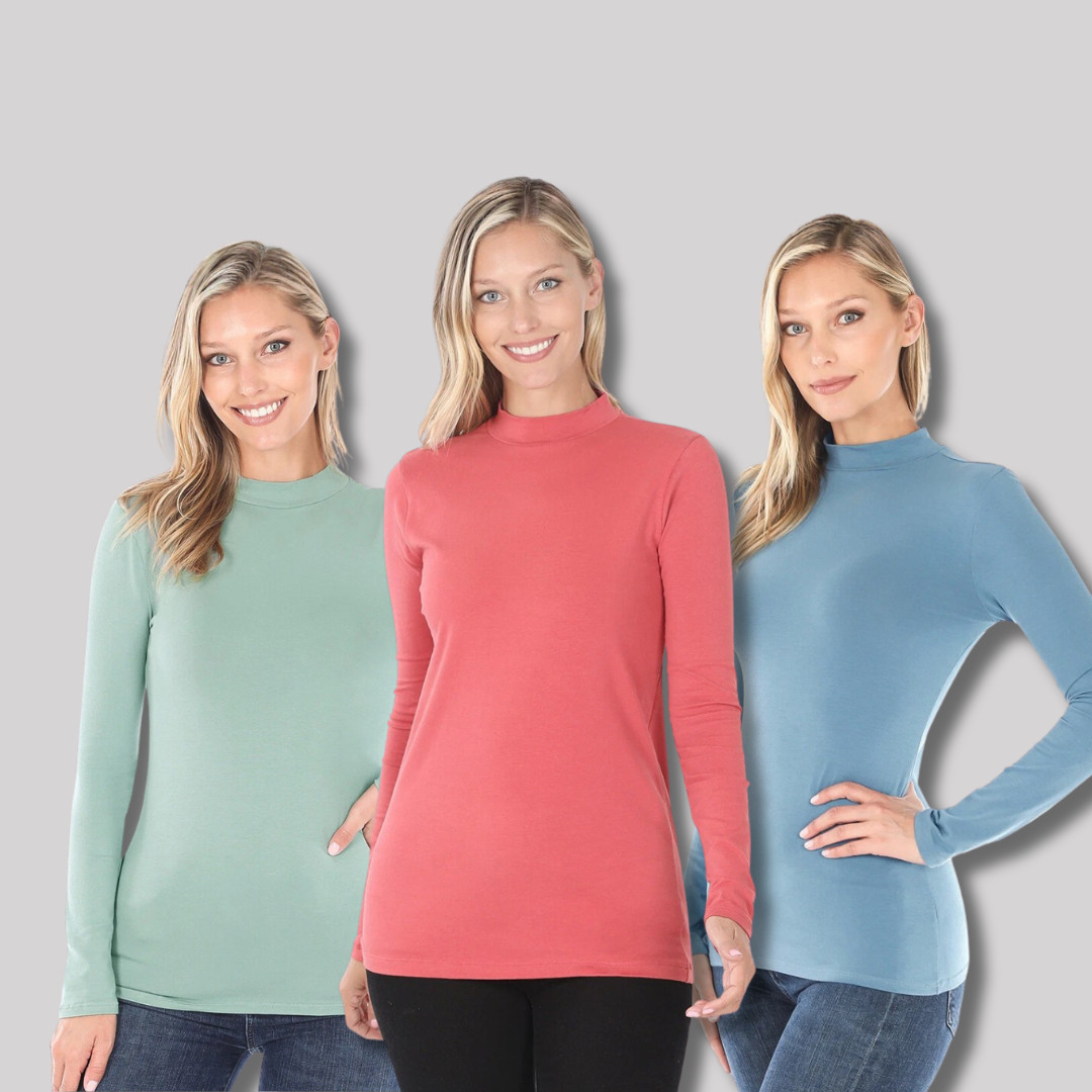 Women’s Mock Neck Soft Cotton Long Sleeve Top Soft Stretch T Shirt Fitted Tee