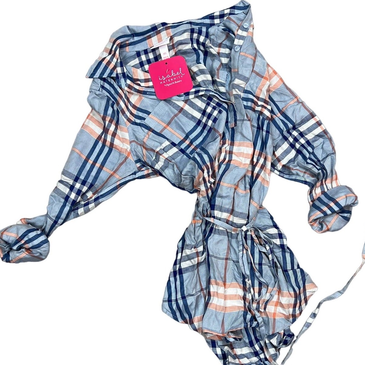 Isabel Maternity Blue Woven Collared Popover Plaid Shirt – Size XS – NWT