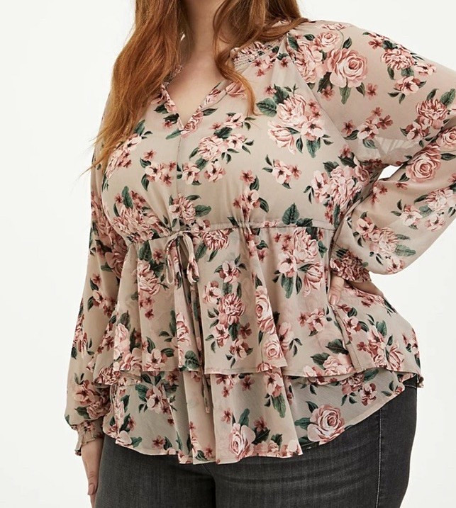 Torrid Green Pink Floral Chiffon V-Neck Ruffle Peplum Blouse Long Sleeve 2X