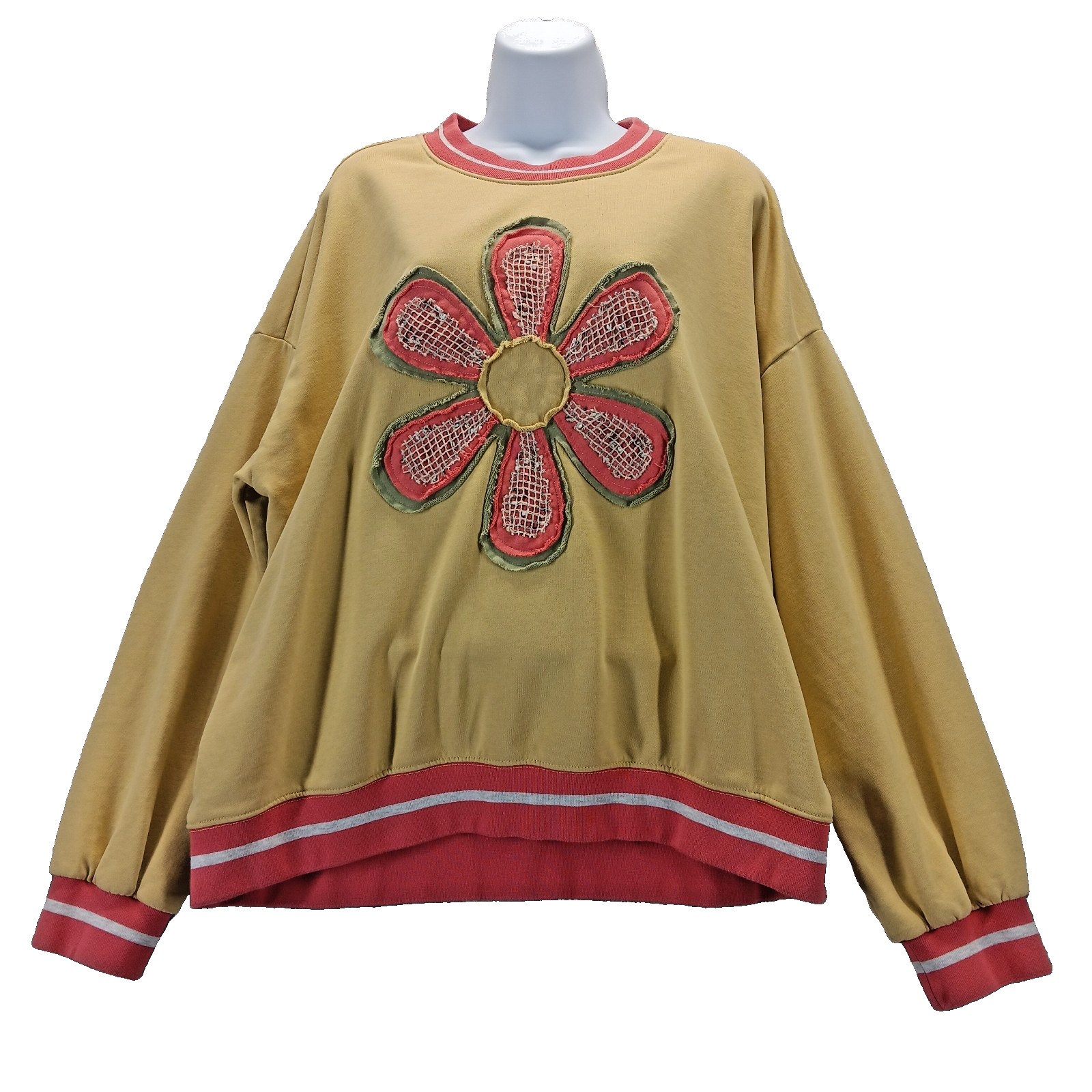 Sage + Fig Womens Yellow Flower Patch Crew Neck Top Oversized Long Sleeve Size L