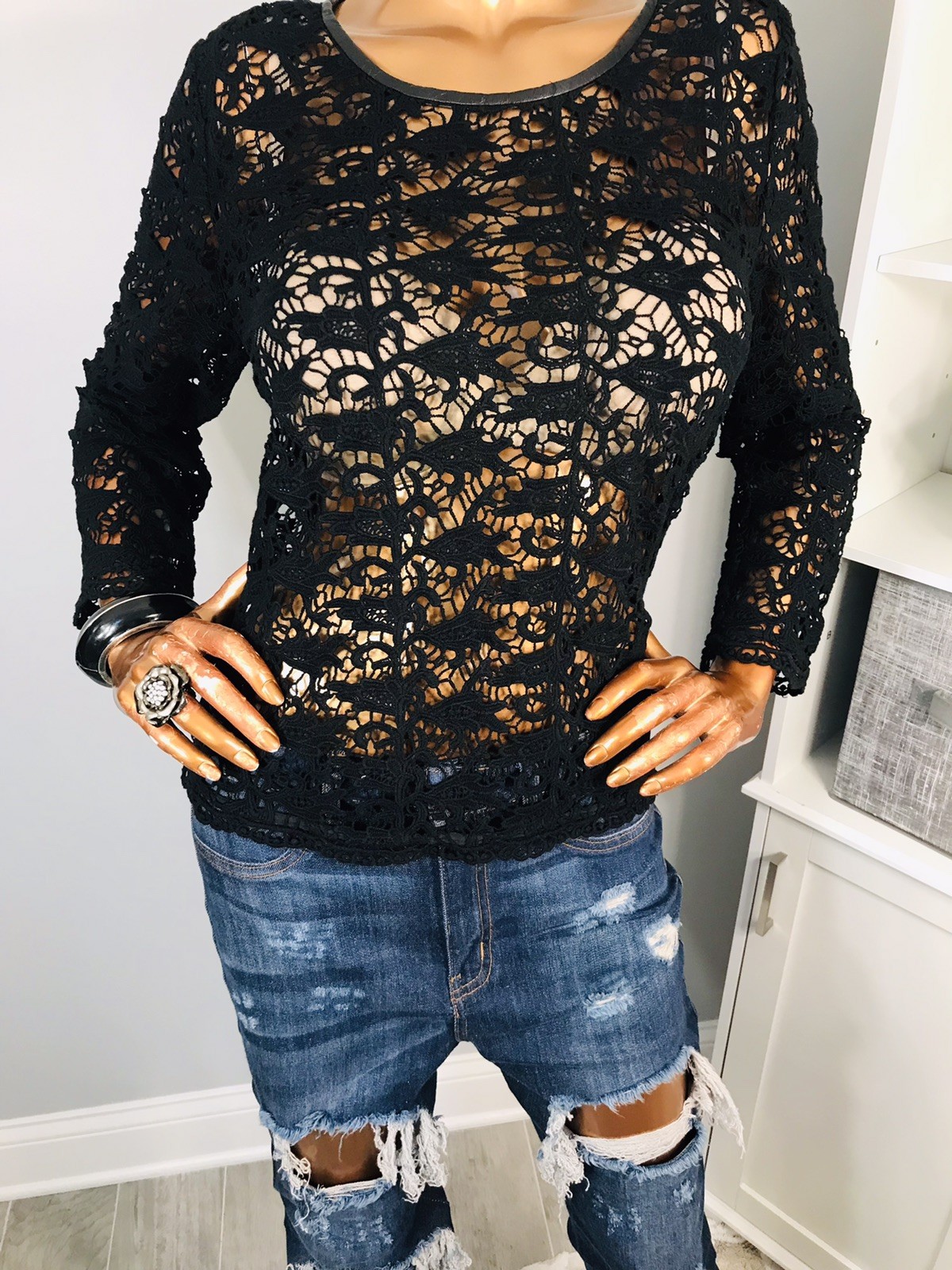 Joie L Top NWT Crochet Shell Black Blouse 3/4 Slvs Crew Neck Leather Trim Floral