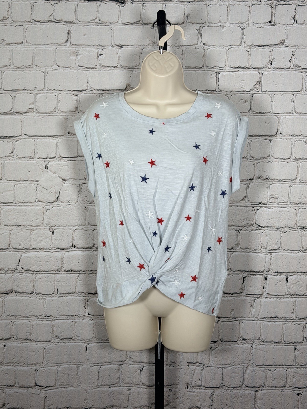 Lucky Brand Womens Short Sleeve Twist Front Star Embroidered Top Size S NWT