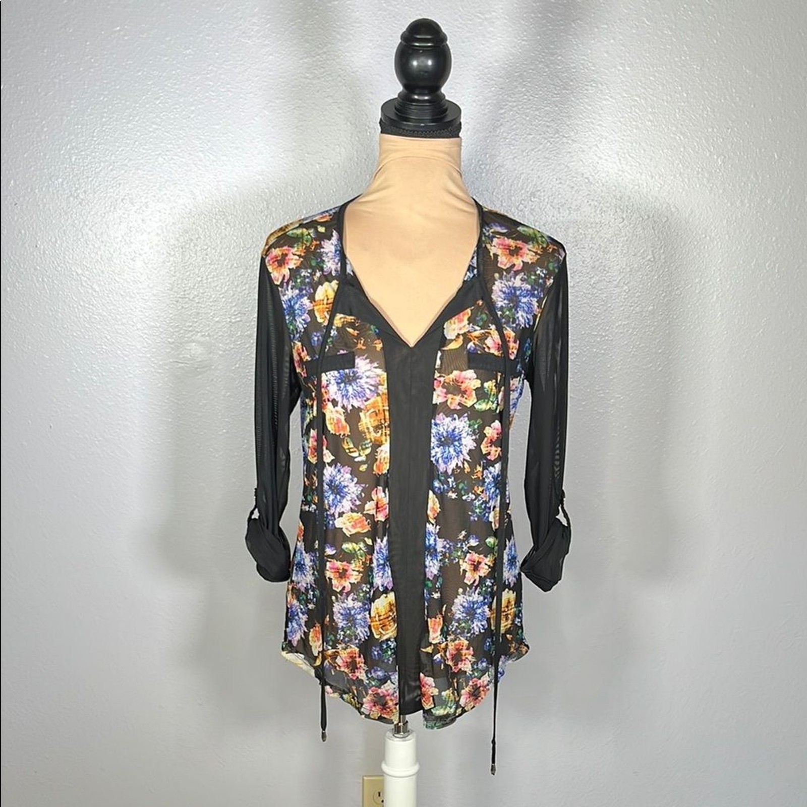 Sheer Mesh floral print drawstring top sz S | whimsigoth feminine grunge Y2K