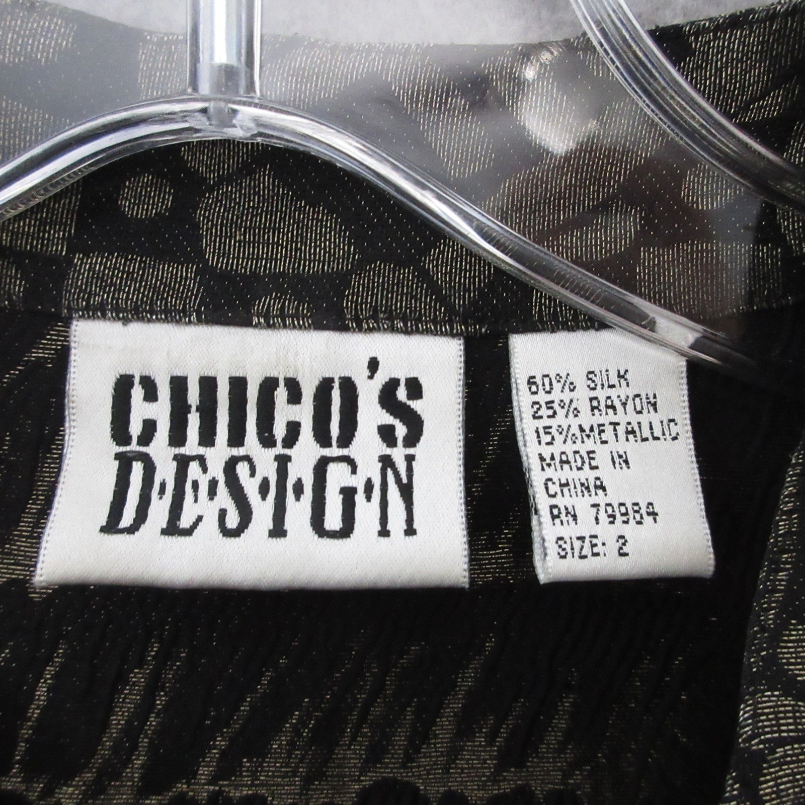Vintage Chicos Design Top Gold Black Silk Blend Metallic Party Artsy Old Money