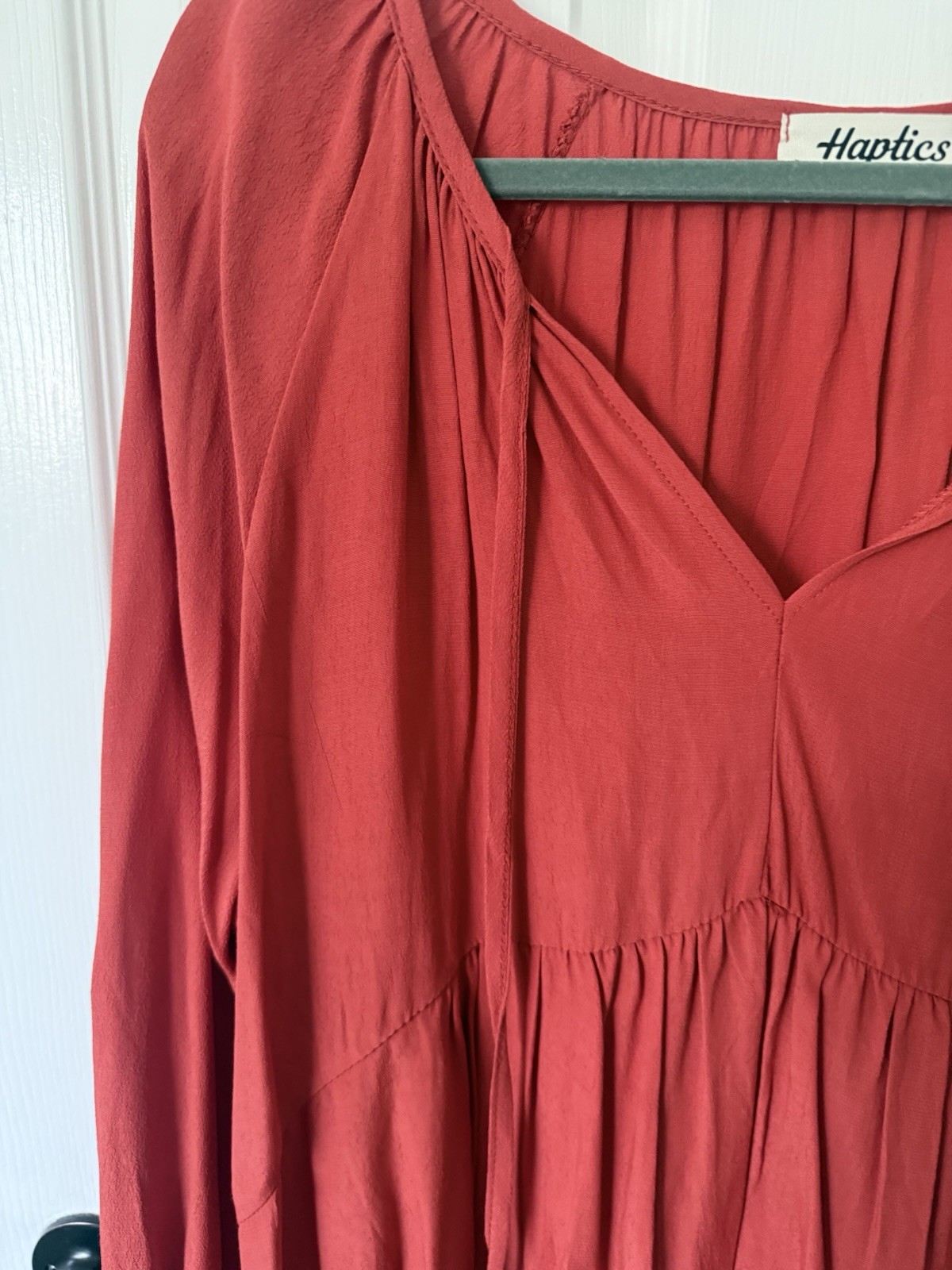 Haptics 1X Red Solid V-Neck Ruffle Long Sleeve Peasant Woven Rayon Blouse