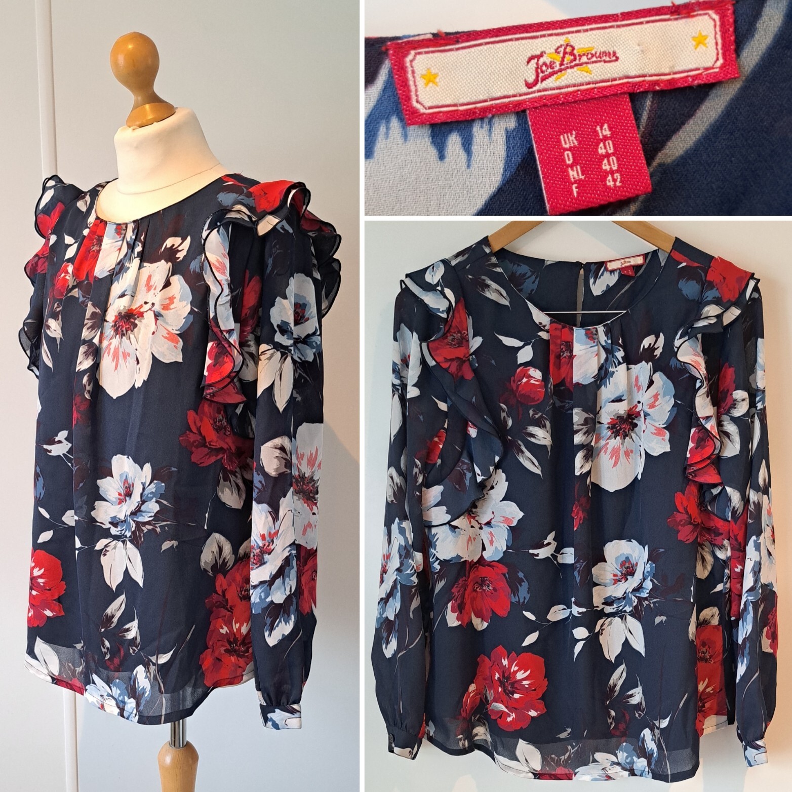 JOE BROWNS WOMENS NAVY BLUE FLORAL RUFFLE SHOULDER LONG SLEEVE BLOUSE UK SIZE 14