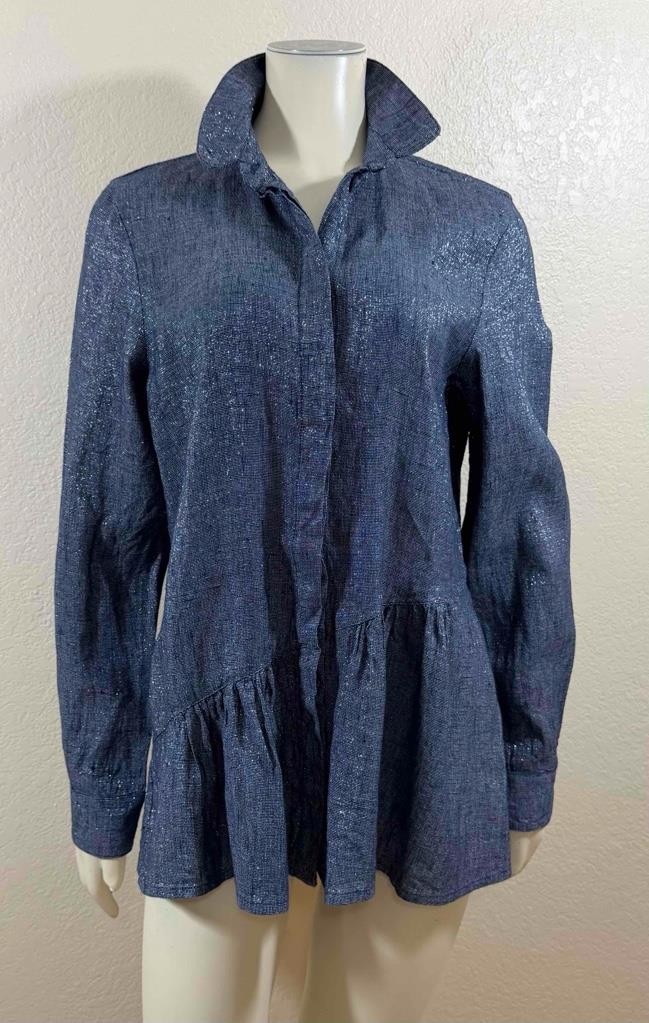 FLAX Jeanne Engelhart Linen Button Down Peplum Blouse Gray & Black Sparkle Sz S