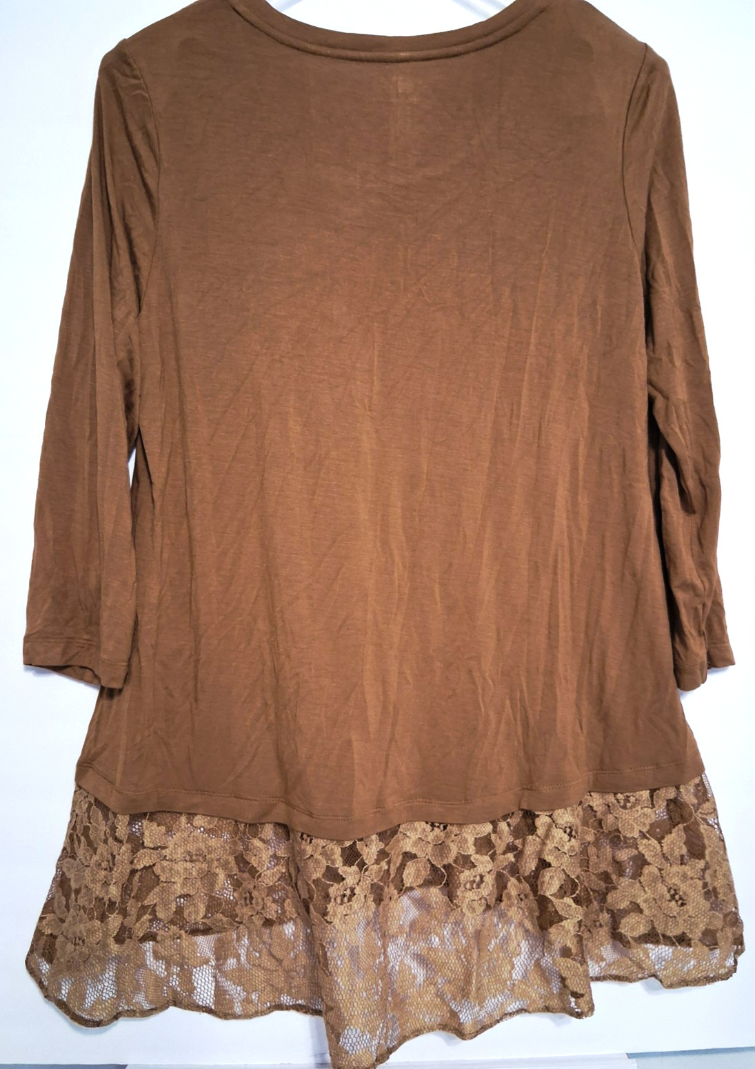Lace Hem Tunic Top Shirt Sweater Womens Medium Gold Brown 3/4 Sleeve Fairy Boho