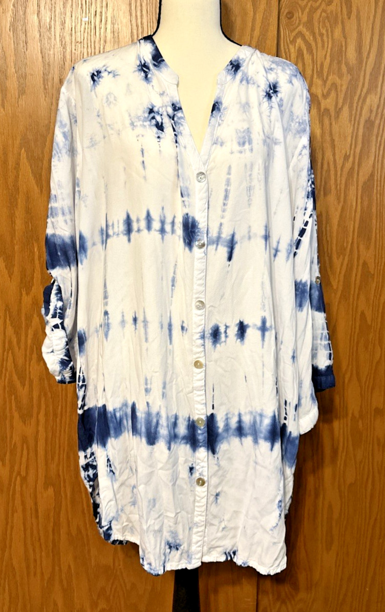 Blue Island Boho Tunic Button Blouse Plus Size XXL High Low Hem