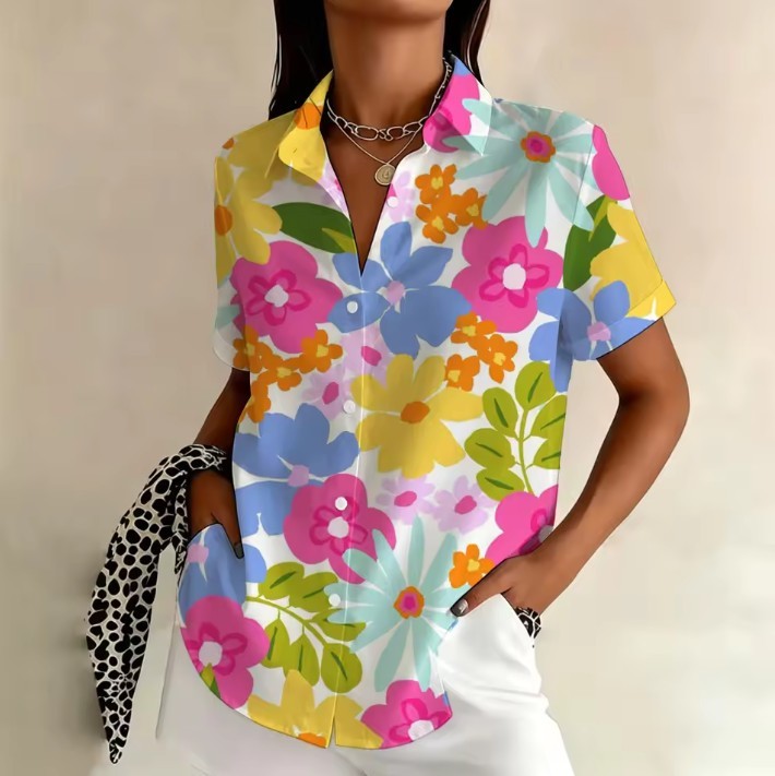 Women’s Colorful Floral Print Button-Up Short Sleeve Summer Blouse