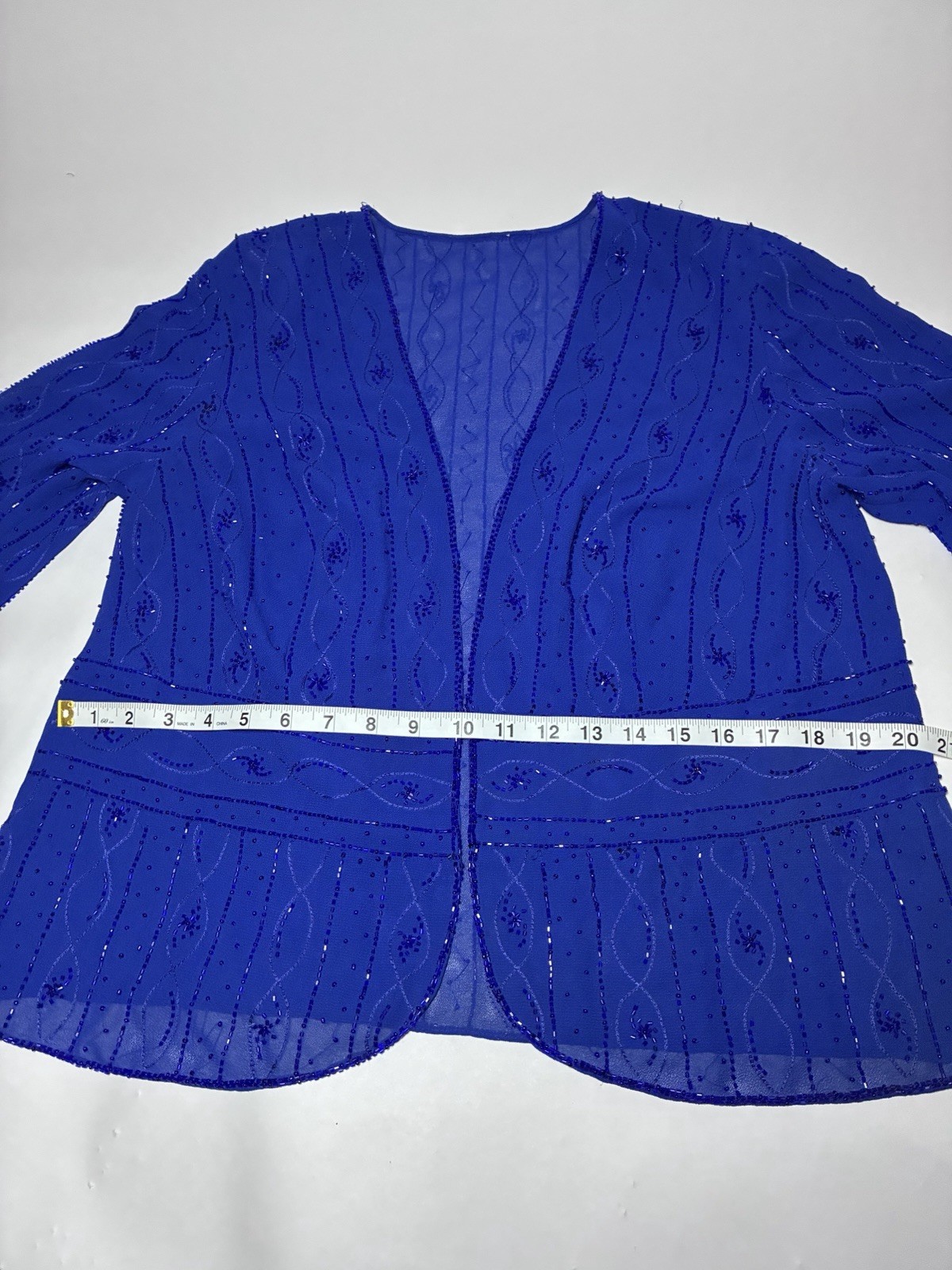 Blue Sheer Beaded Sequin Embroidered V-Neck Open Front 3/4 Sleeve Shrug