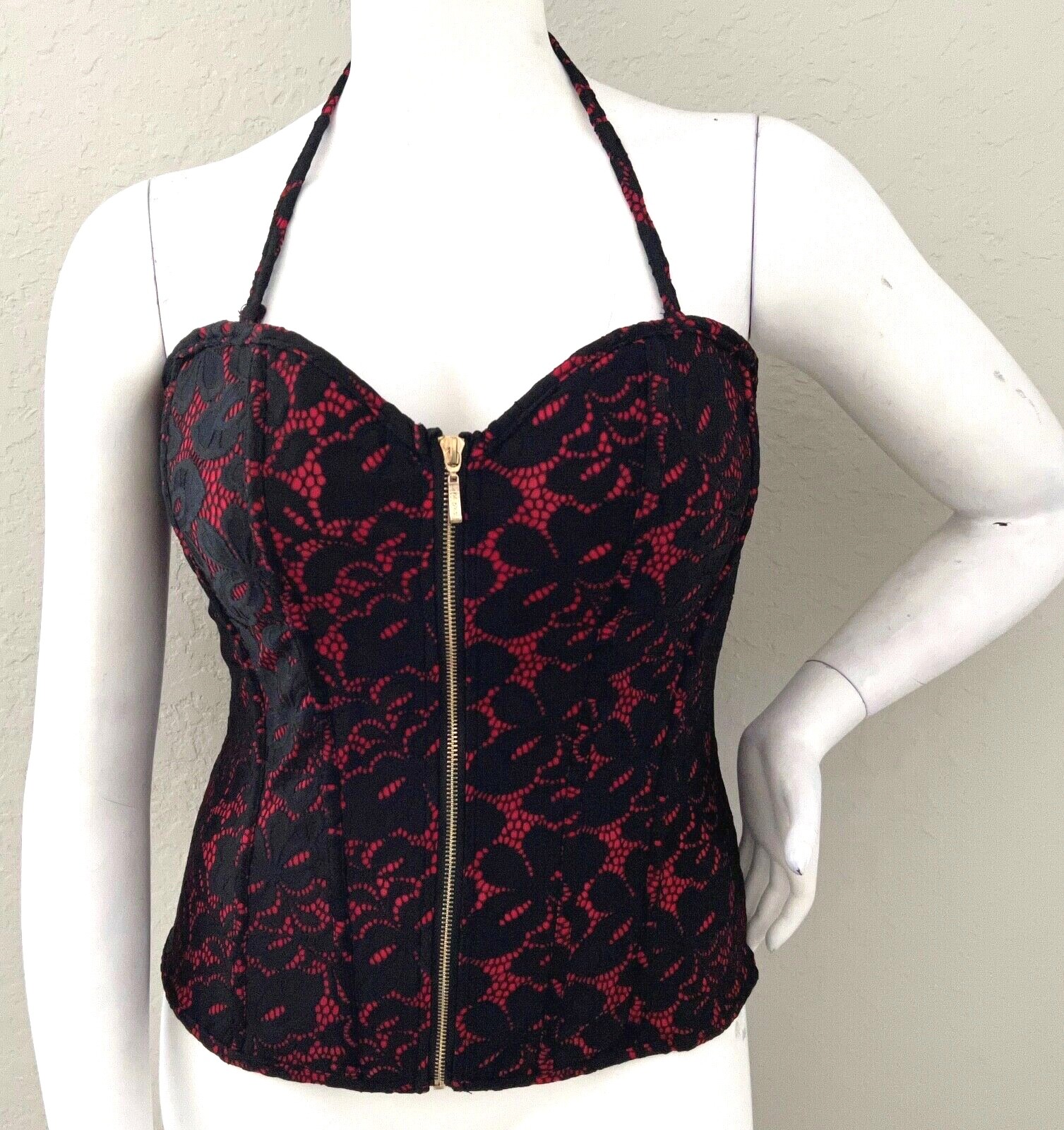 Oh Yes Lace Overlay Removable Halter Corset Bustier Black Red Plus 2XL 3XL New!