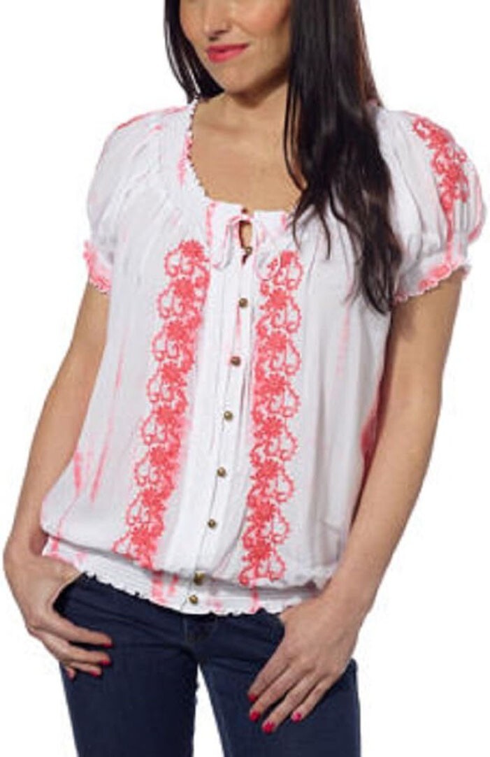 Fever Women’s Short Sleeve Peasant Blouse Pink & White Tie-Dye