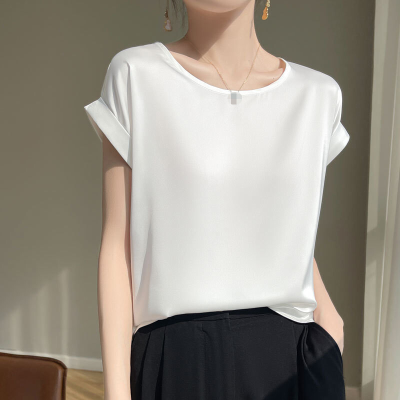 Women’s Silk Satin Blouse Tops Short Sleeve Round Neck Casual T-Shirts Plus Size