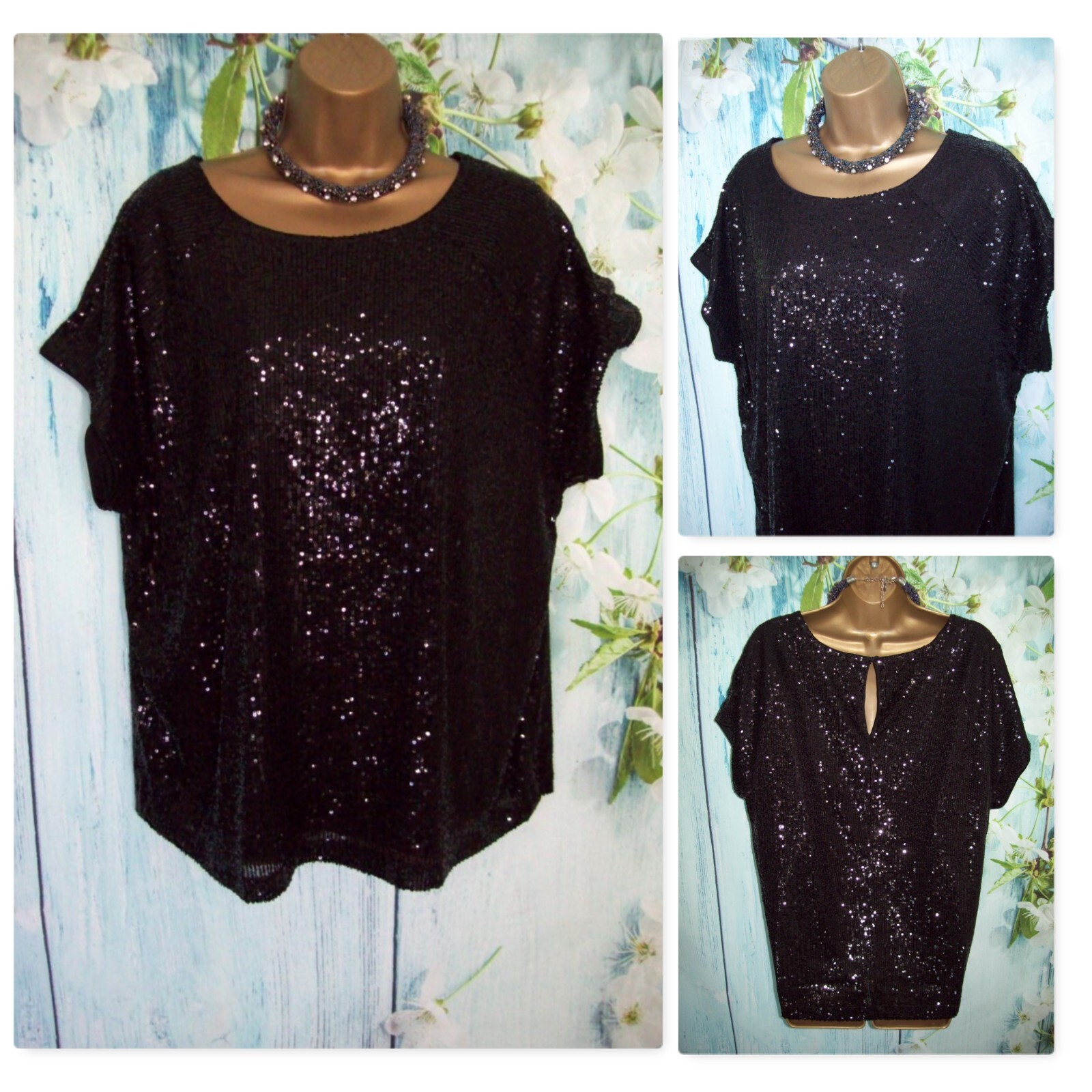 Next Black Sequin Stretch Top Size 18 Petite Party Evening Cruise Occasion