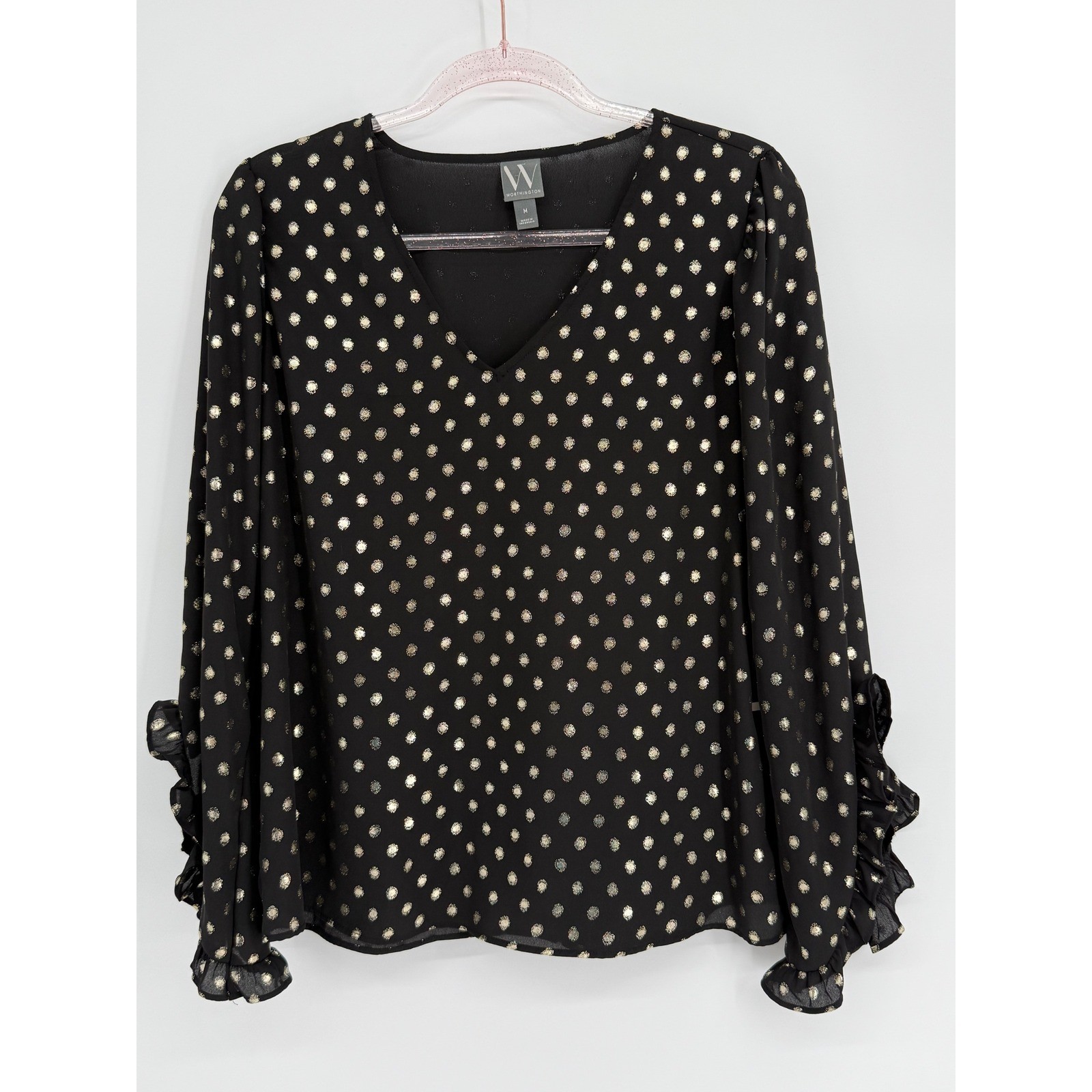Worthington Womens Black Gold Metallic Polka Dot V-Neck Ruffle Blouse Sz M NEW