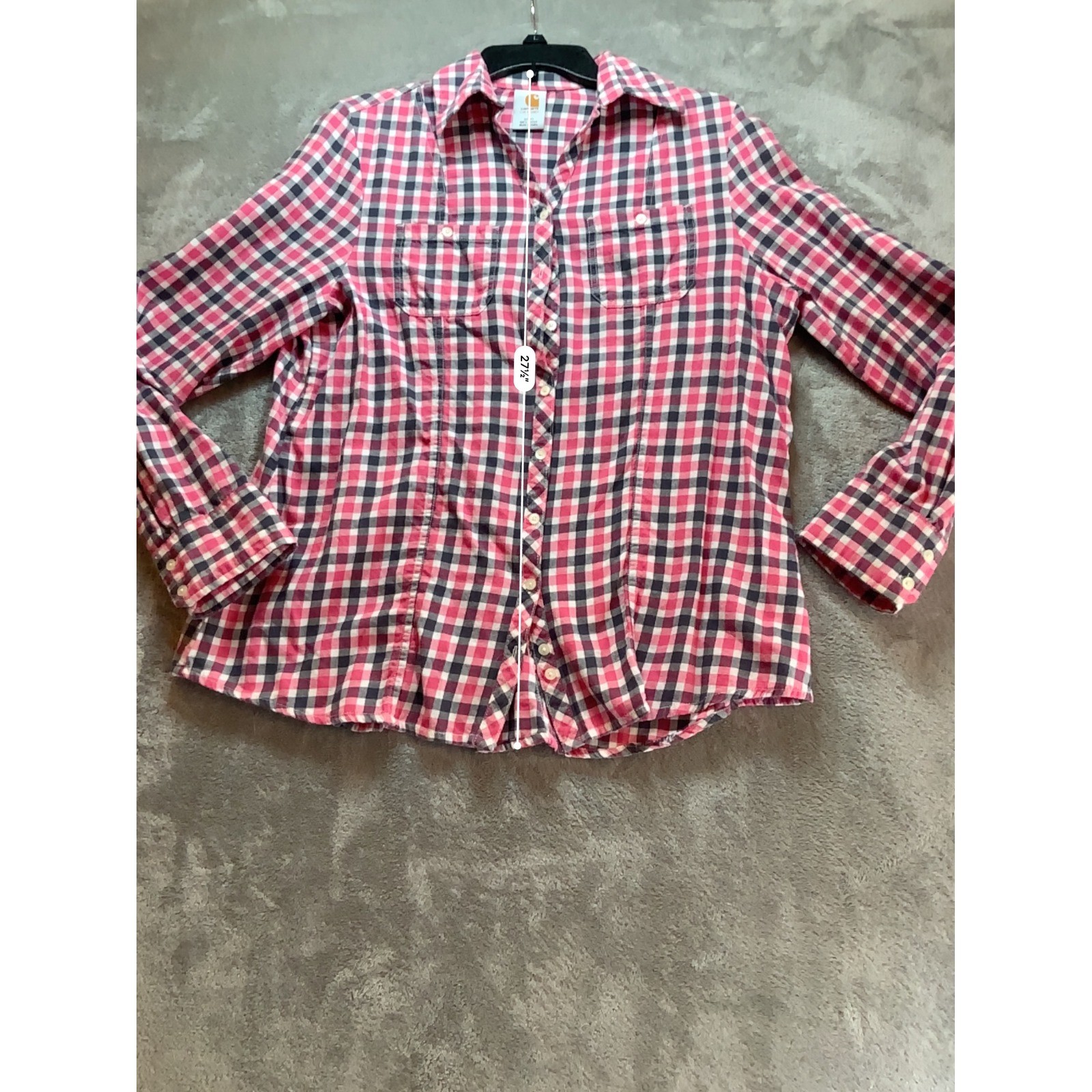 Carhartt Womens Pink Navy Blue Gingham Plaid Button Down Shirt Large L 12/14
