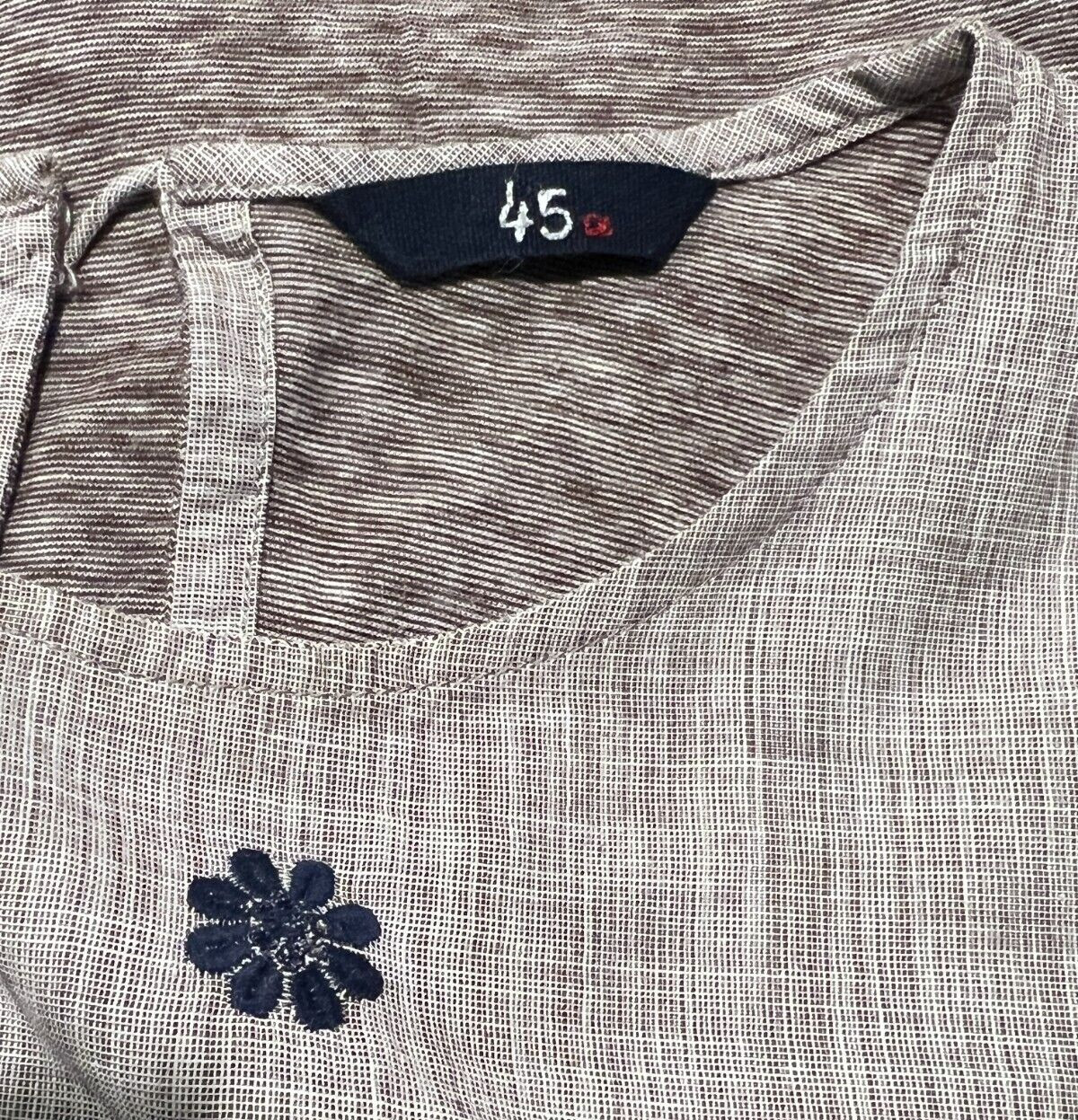45 R JAPAN Handmade Pale Brown Yarn Dye Cotton Top, Navy Broderie Anglais 4/L
