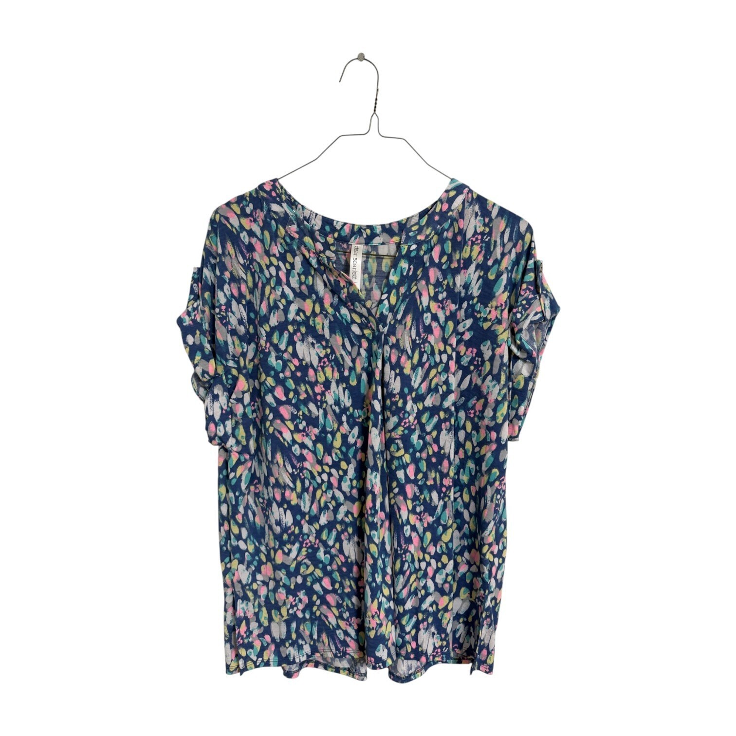 Dear Scarlett XL Blue Patterned Short Sleeve Blouse Coastal Grandma Boho Chic