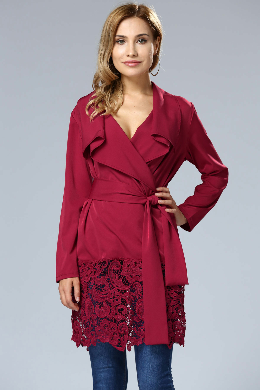 US Women’s Sexy Lace Stitching Loose Coat Belted Autumn Wind Coat Casual Tops