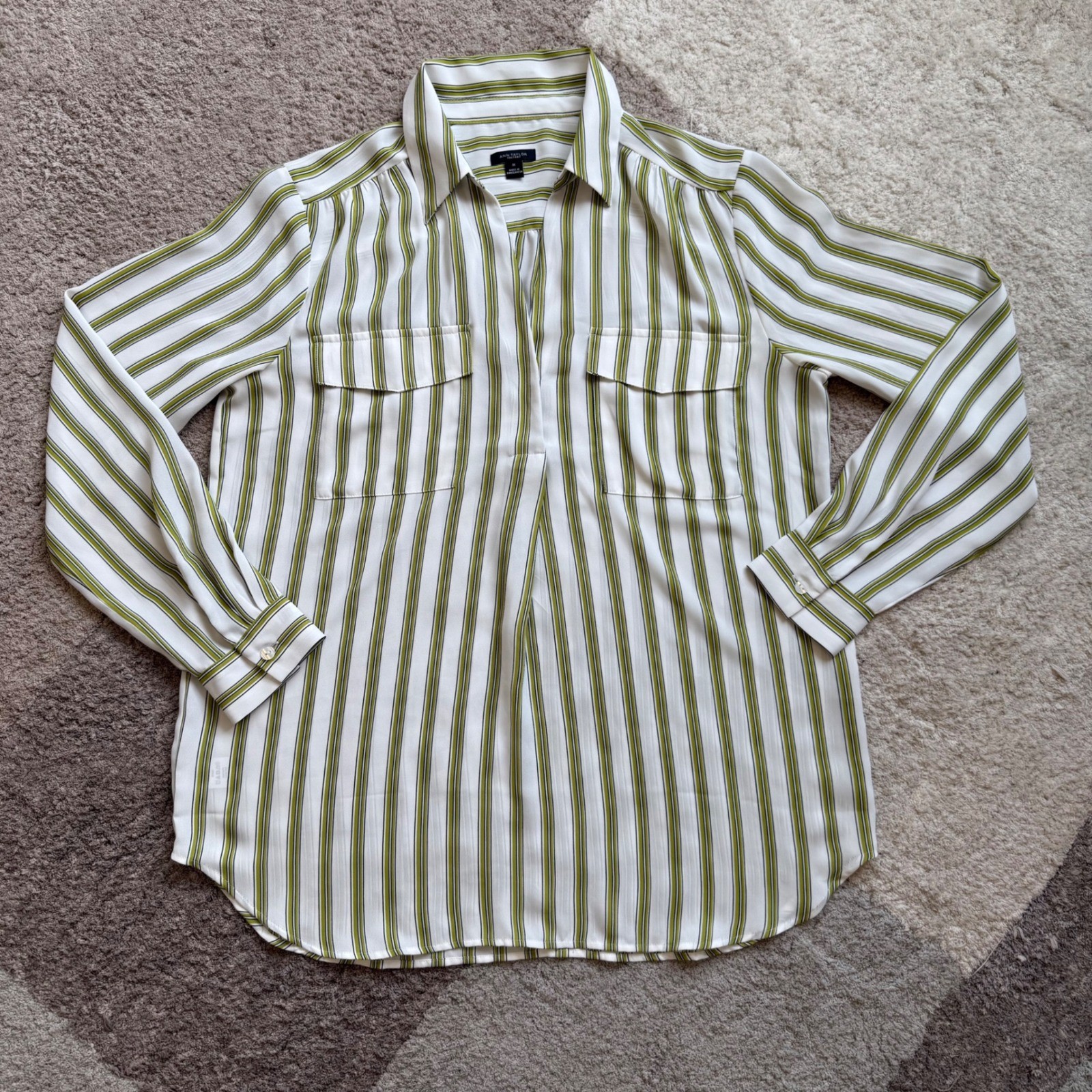 Ann Taylor Factory Womens Medium Striped Tunic Blouse Green White Long Sleeve M