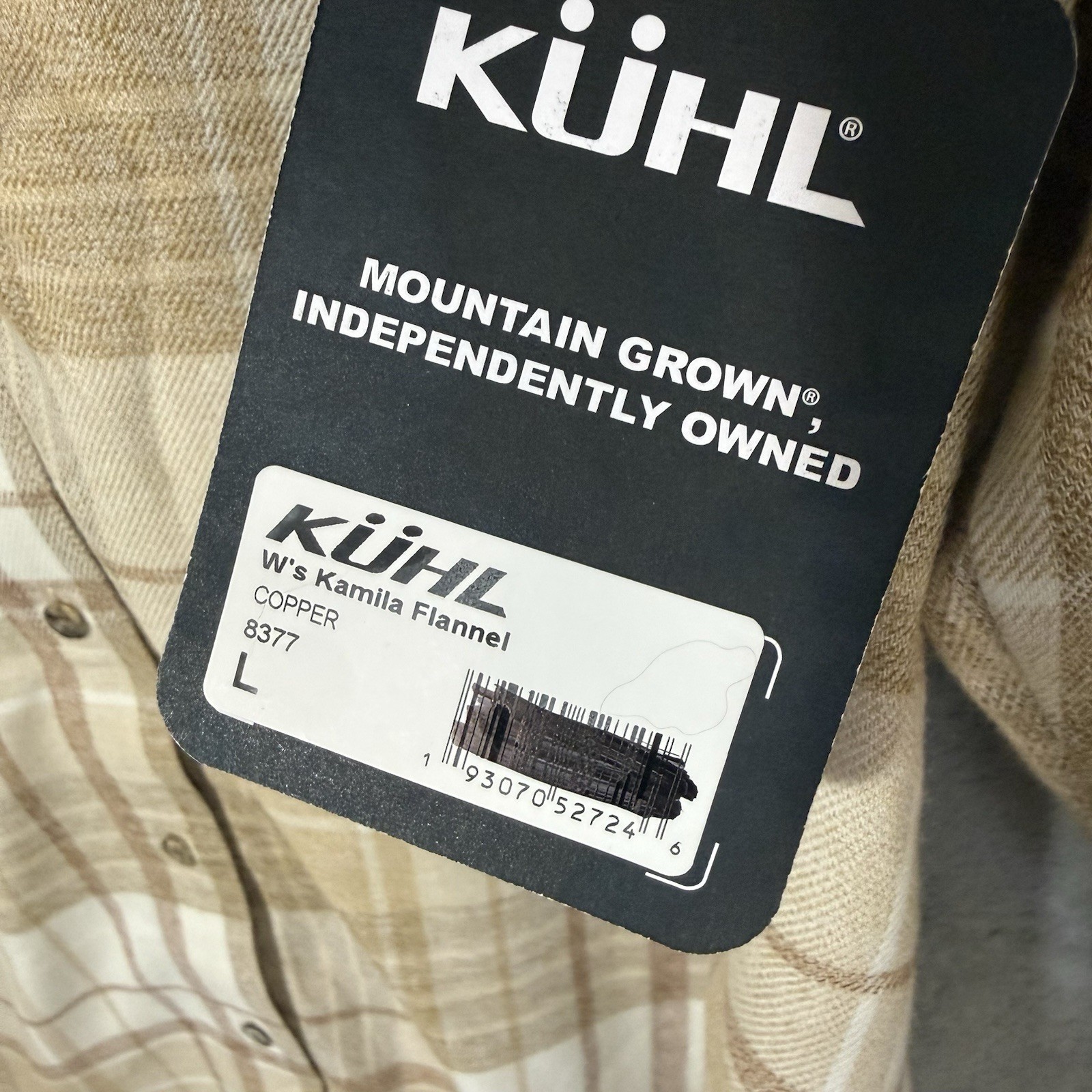 NWT KUHL Kamila Flannel Shirt Womens L Copper Beige Plaid Gorpcore Outdoor
