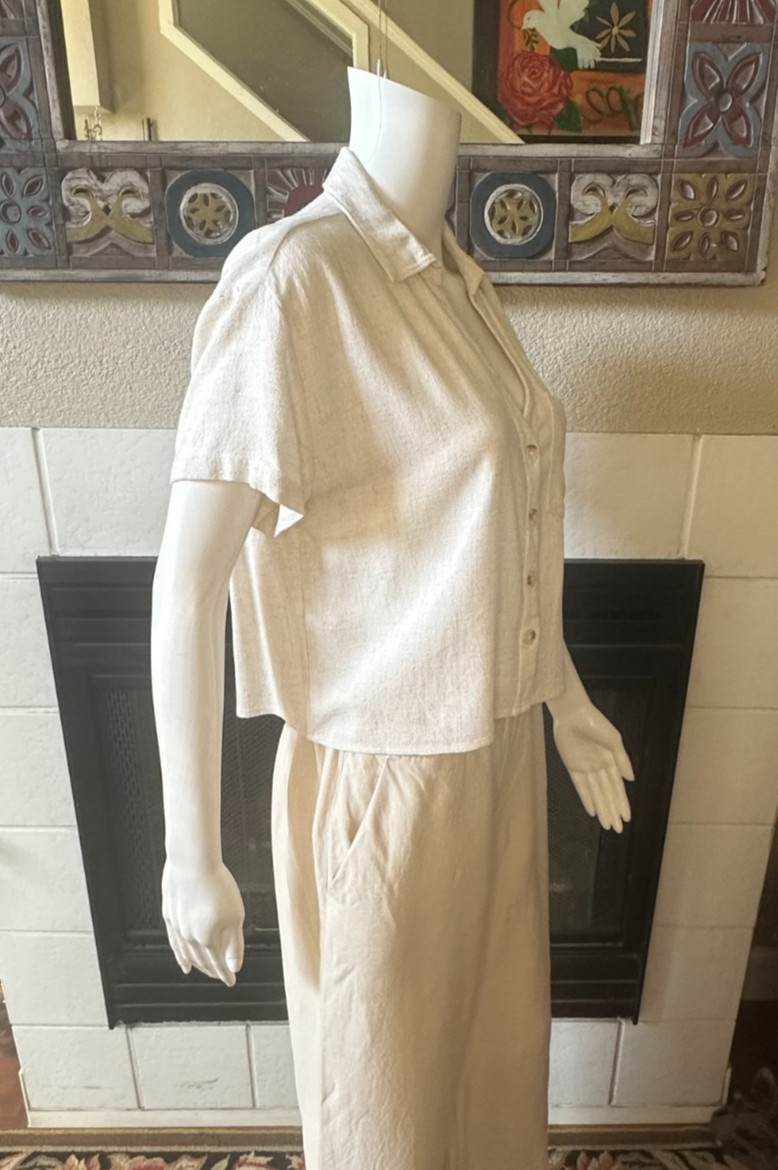 linen blend Love Notes Button-Down collared Blouse top Womens Large