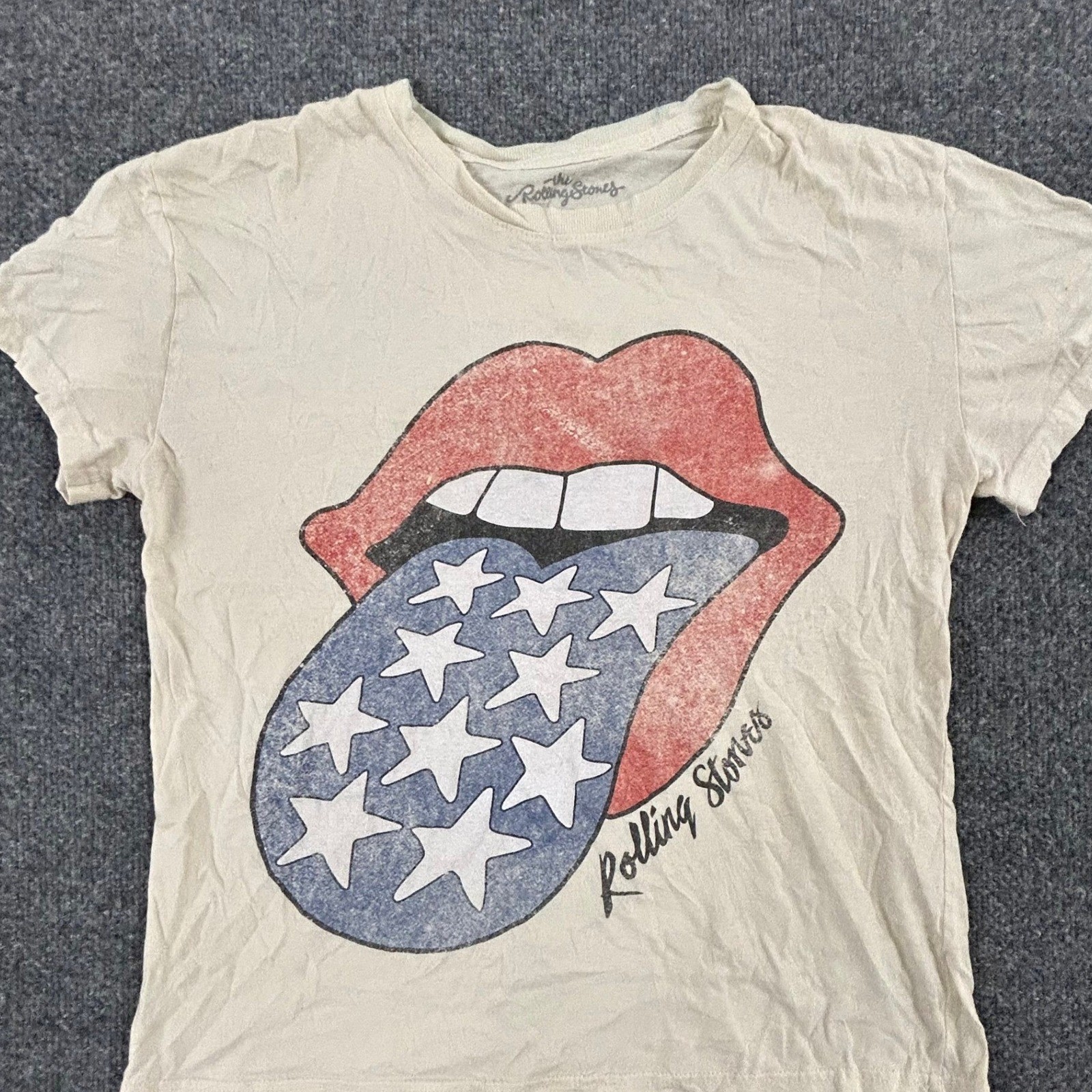 The Rolling Stones T-Shirt Womens Size M Beige Cotton Graphic Band Tee Star Logo