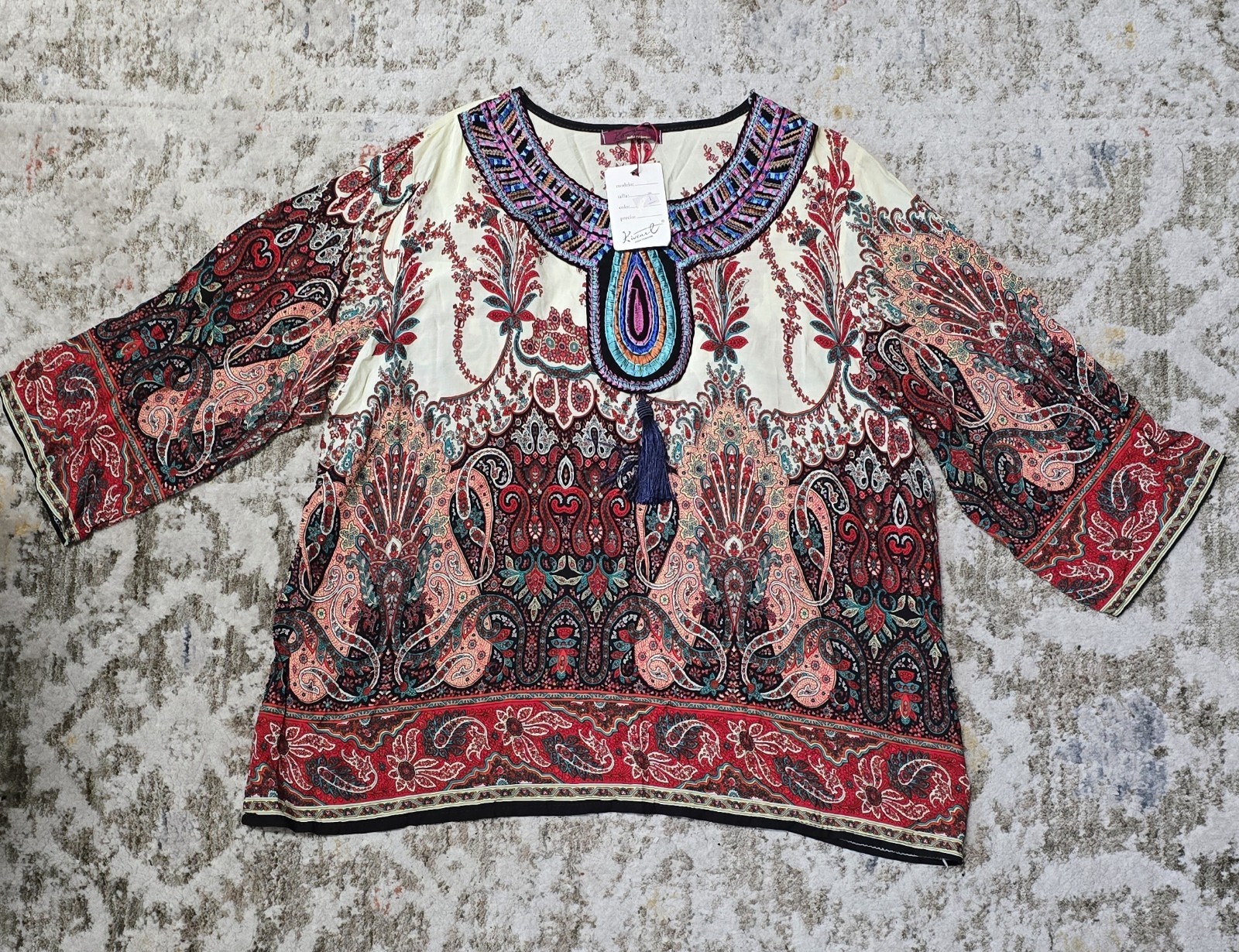 Kivenst Paisley Multicolor Red Cream Print Top Colorful Bohemian Blouse Size L