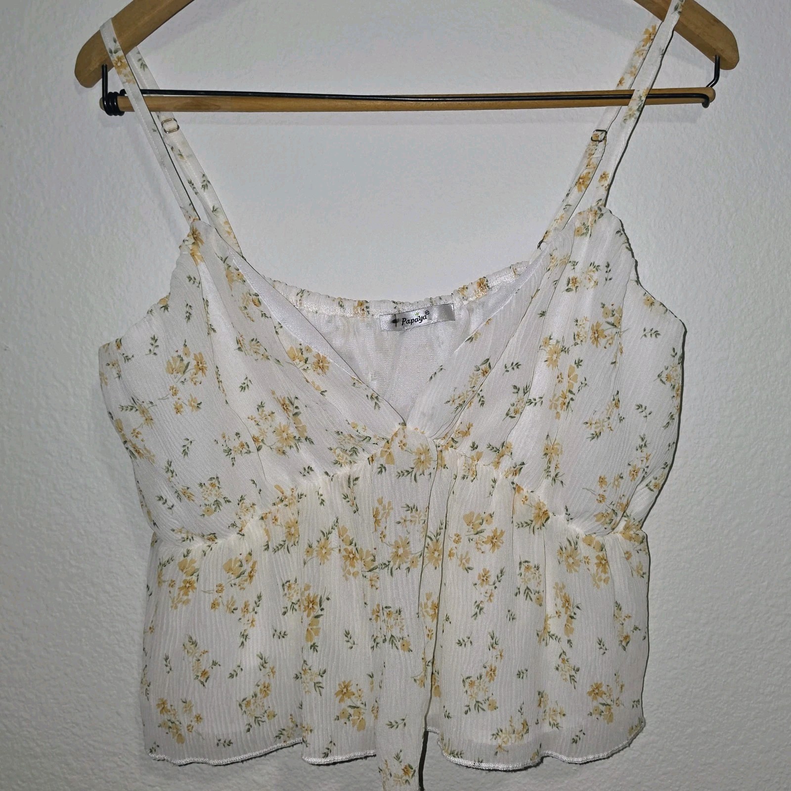 Papaya L White Yellow Green Floral Chiffon V-Neck Ruffle Cami Top Adjustable