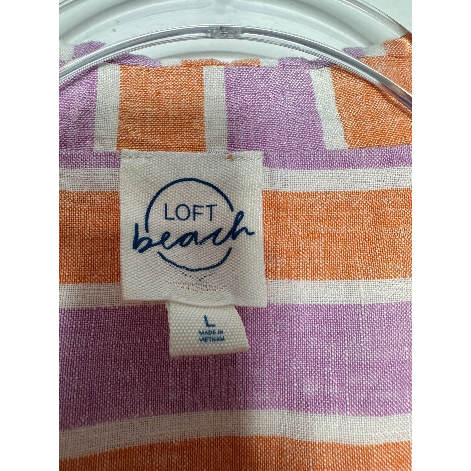 Loft Beach Linen Button up Shirt Size L Orange Purple Striped Short Sleeve Boxy