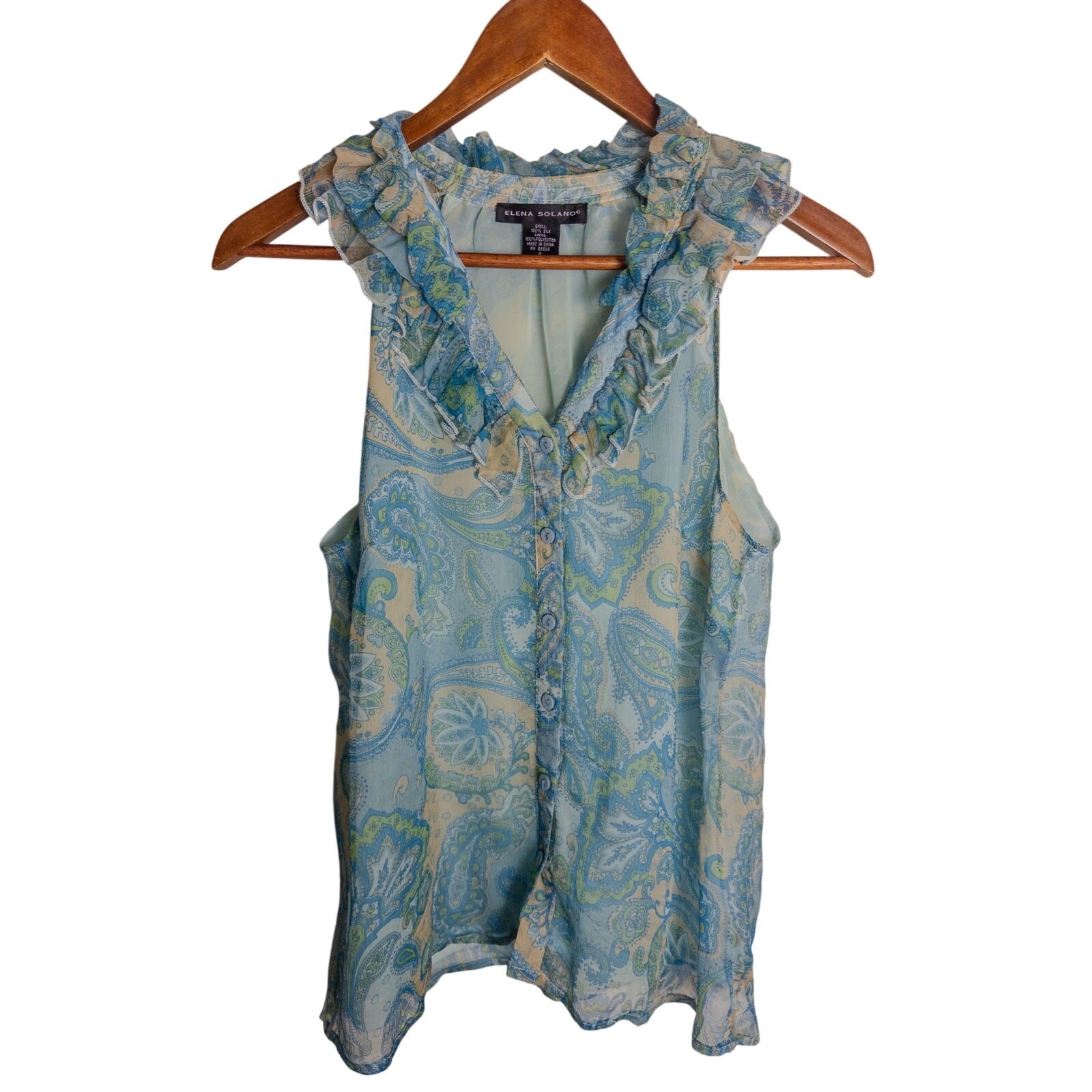 Y2K Elena Solano Silk Paisley Ruffle Blouse Blue Sheer Button Front Small