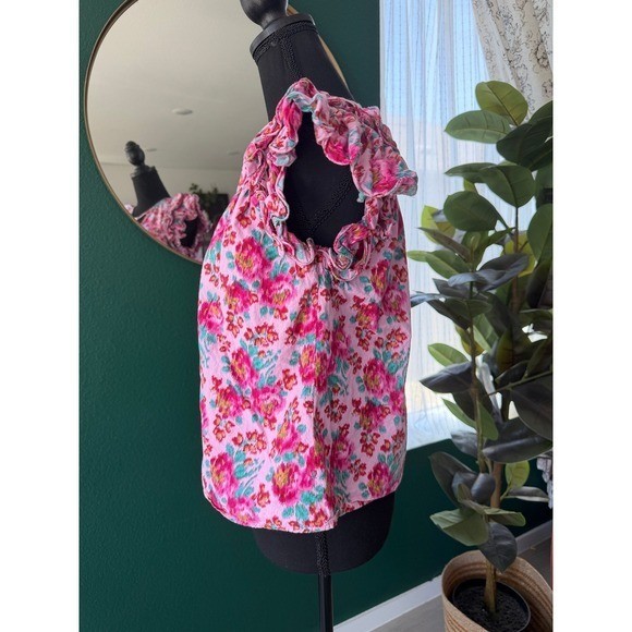 Love The Label Pink Floral Ikat Ruffle Flutter Sleeve Cotton Blouse Size Small