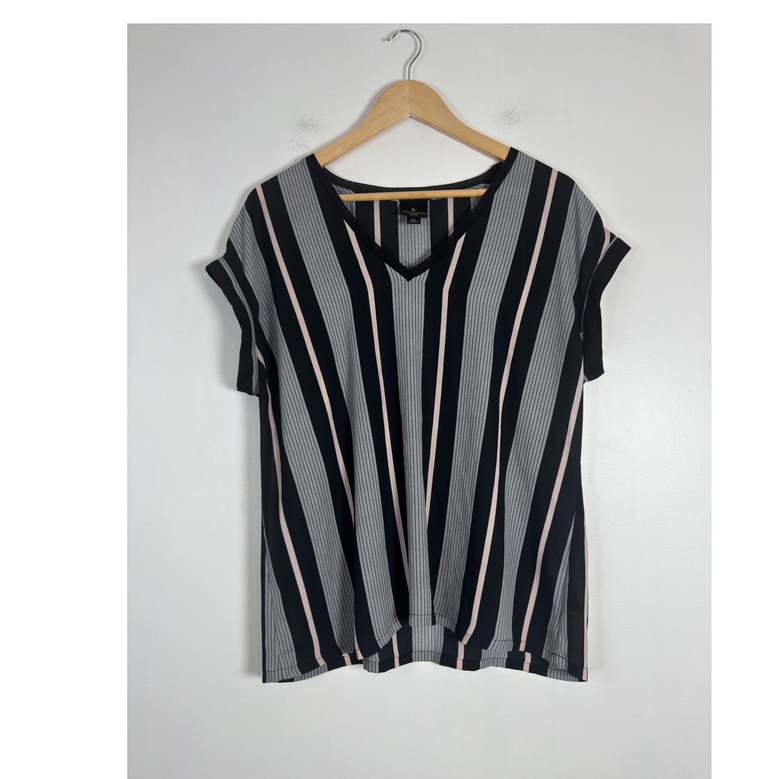 Corporate Chic Worthington Womens PL Blouse Black Grey Pink Striped V-Neck Top
