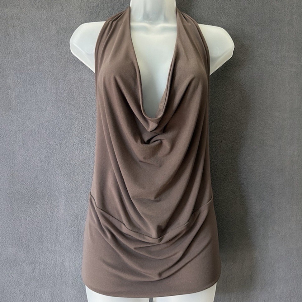 Vtg Vamp Y2K Top Womens 10 Taupe Cowl Halter Cutout Back Slinky Sexy 00s 90s
