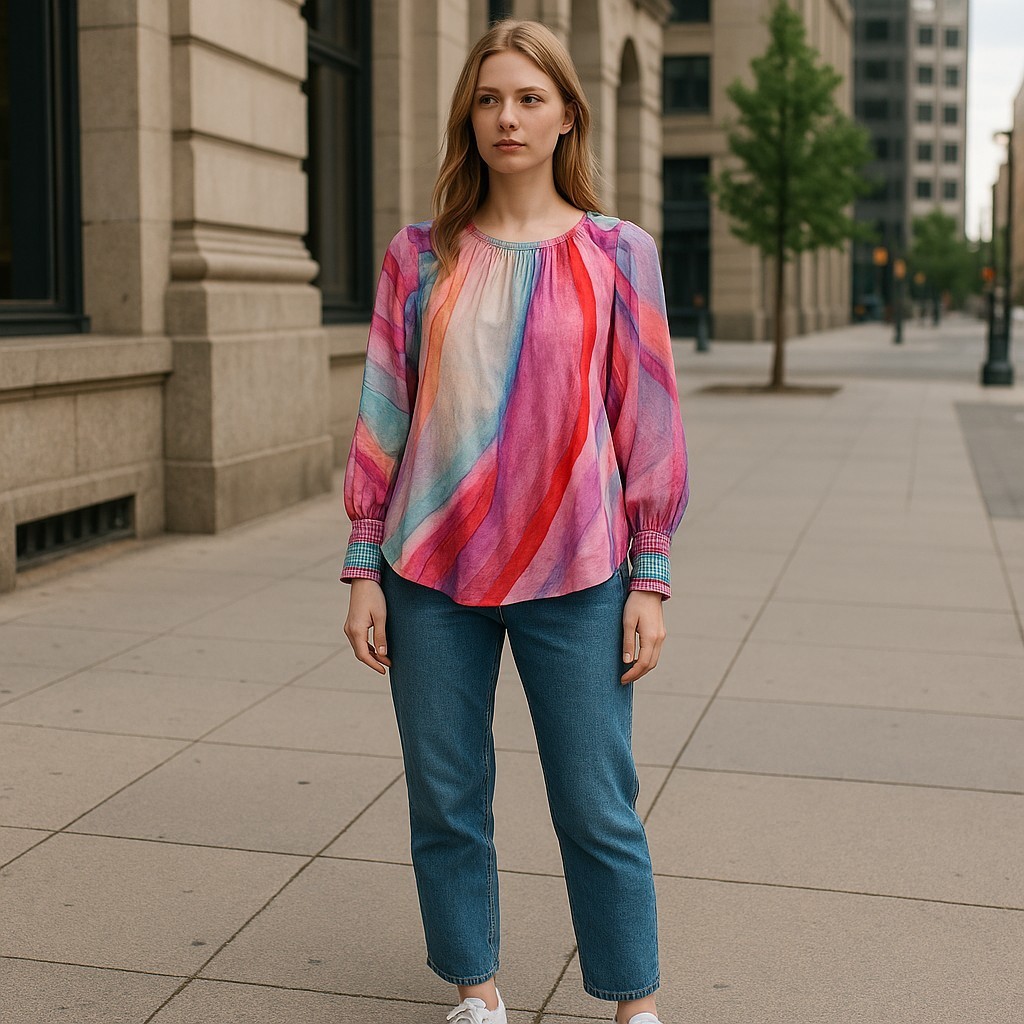 NEW APNY Women’s Size Medium Multicolor Watercolor Print Puff-Sleeve Blouse