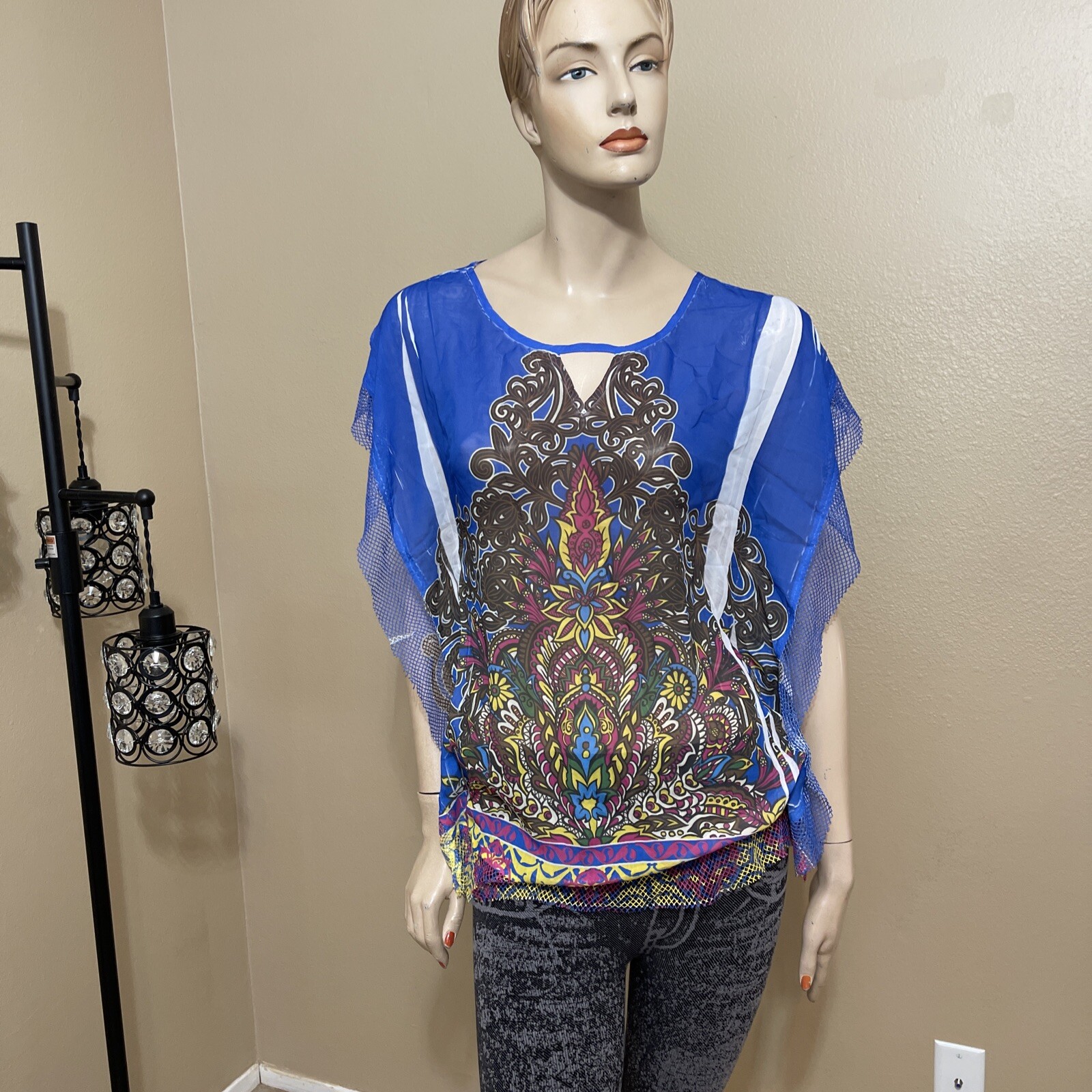 Women’s Blue Multicolour Polyester Relaxed Lace Lightweight Size L Top Blouse
