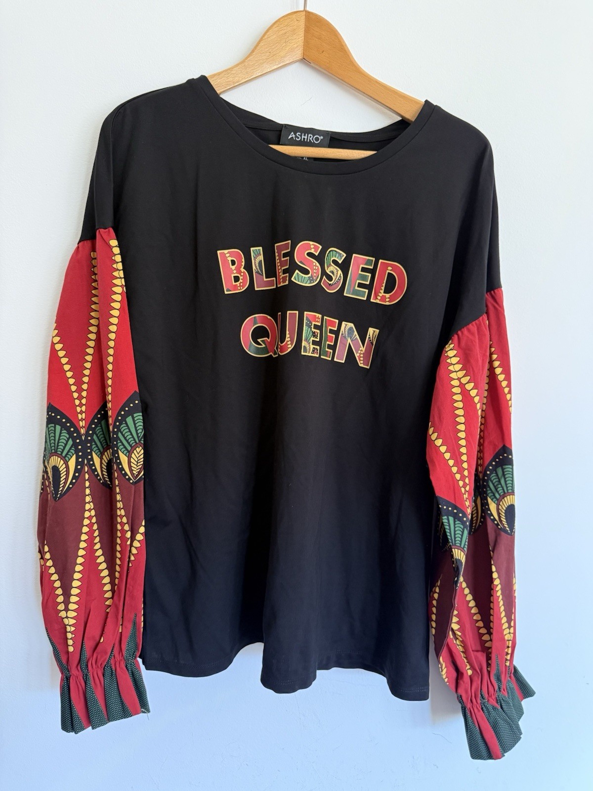 Ashro Blessed Queen Statement Blouse XL Black Long Balloon Sleeve African Print