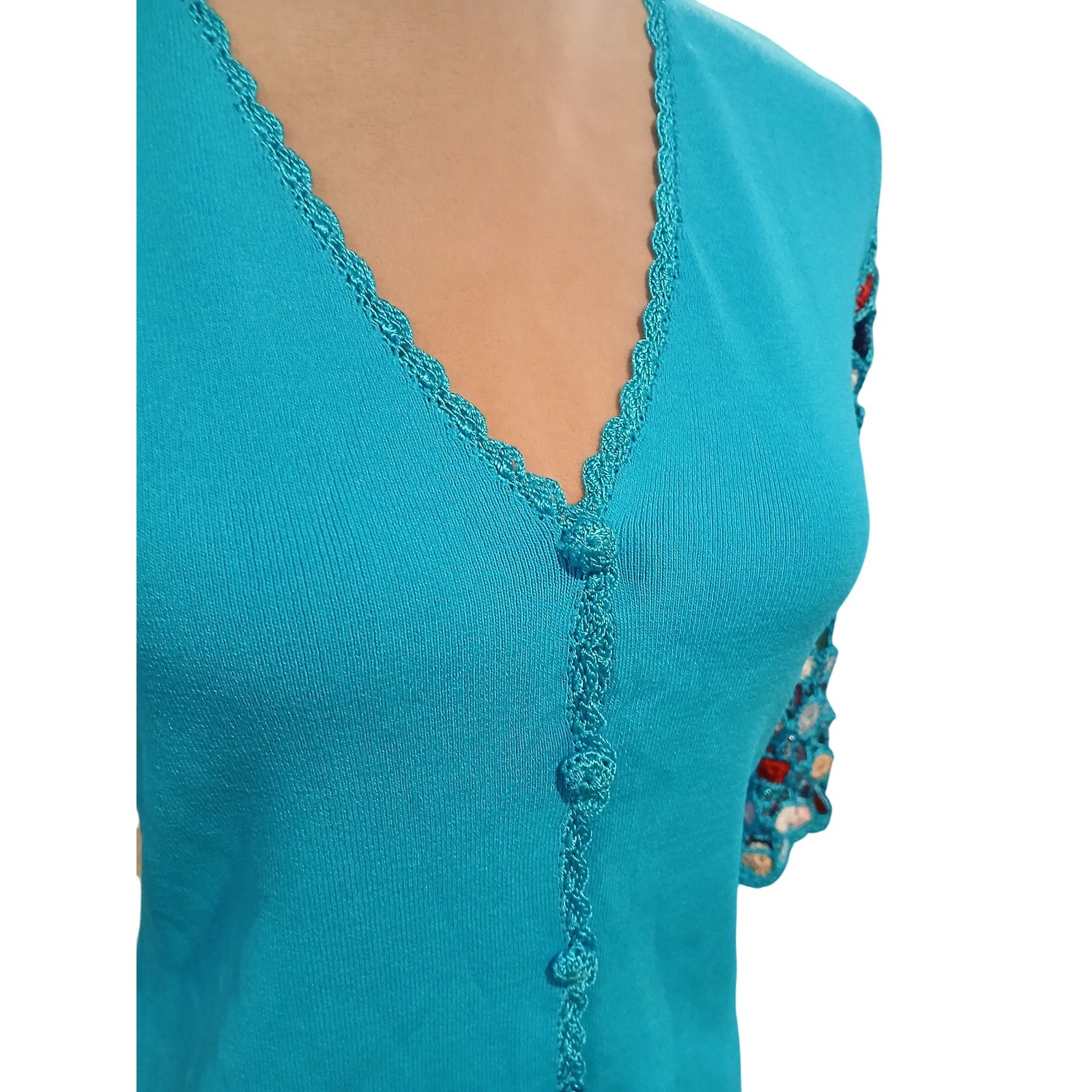 Vtg Joseph A Funky Crochet Sleeve V-Neck Knit Top Beaded Boho Blue Small Blue
