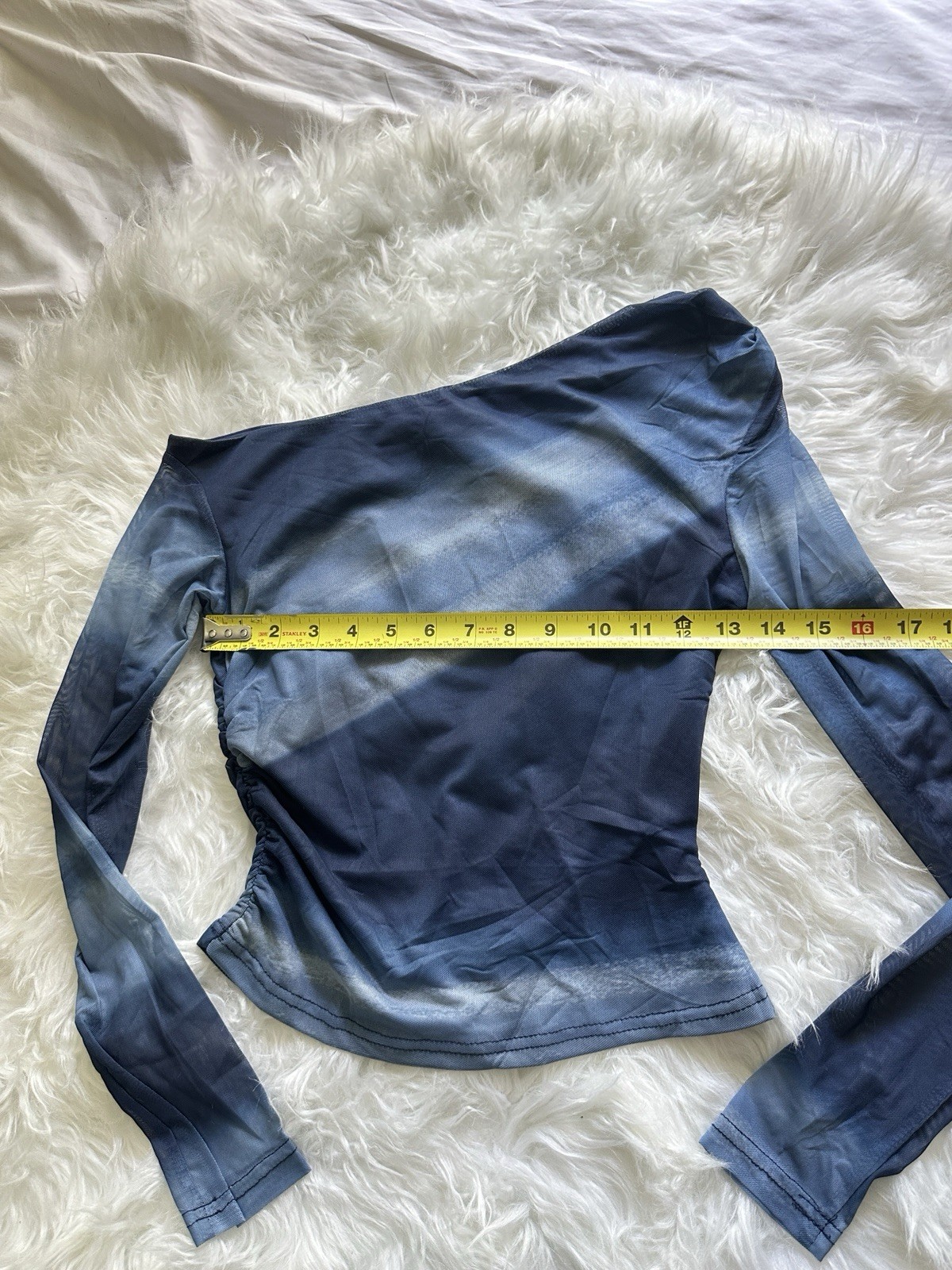 Zesica blue gradient mesh off the shoulder long sleeve top