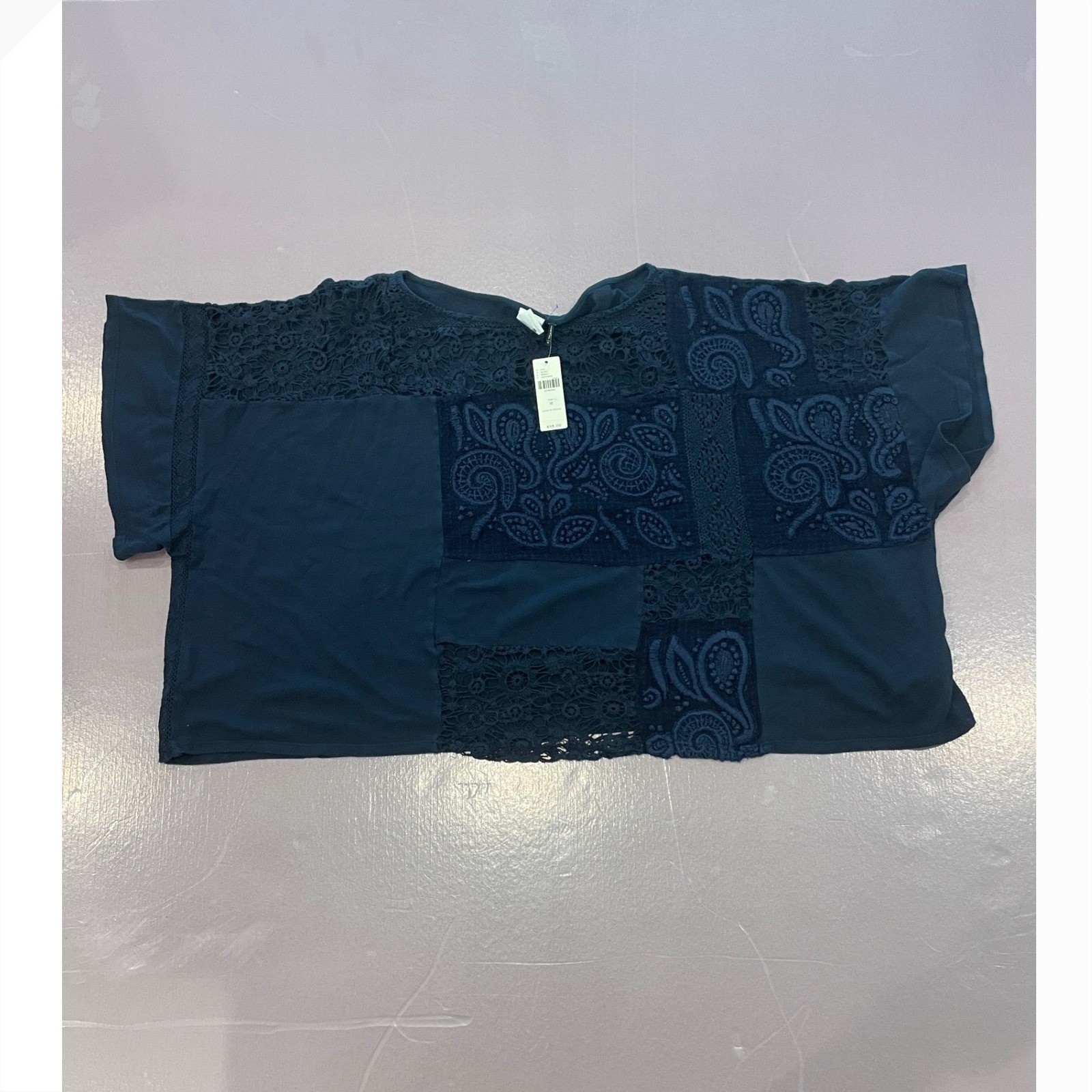 Akemi + Kin Anthropologie Navy Blue embroidered Lace Paisley Top Womens SZ M NWT