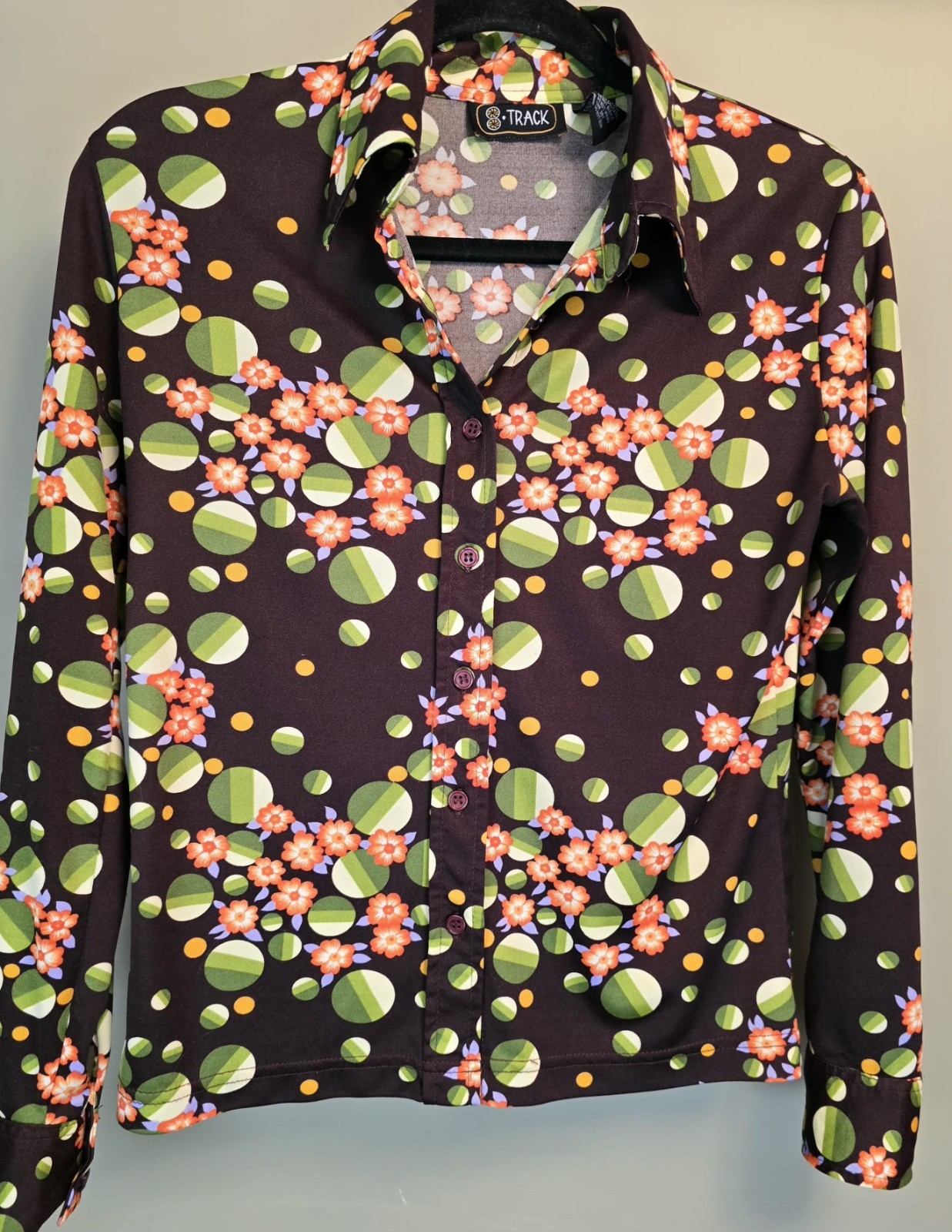 90’s 8 Track Brand Printed Button-Up Shirt Retro 70’s Style Nylon 8Track Delia’s