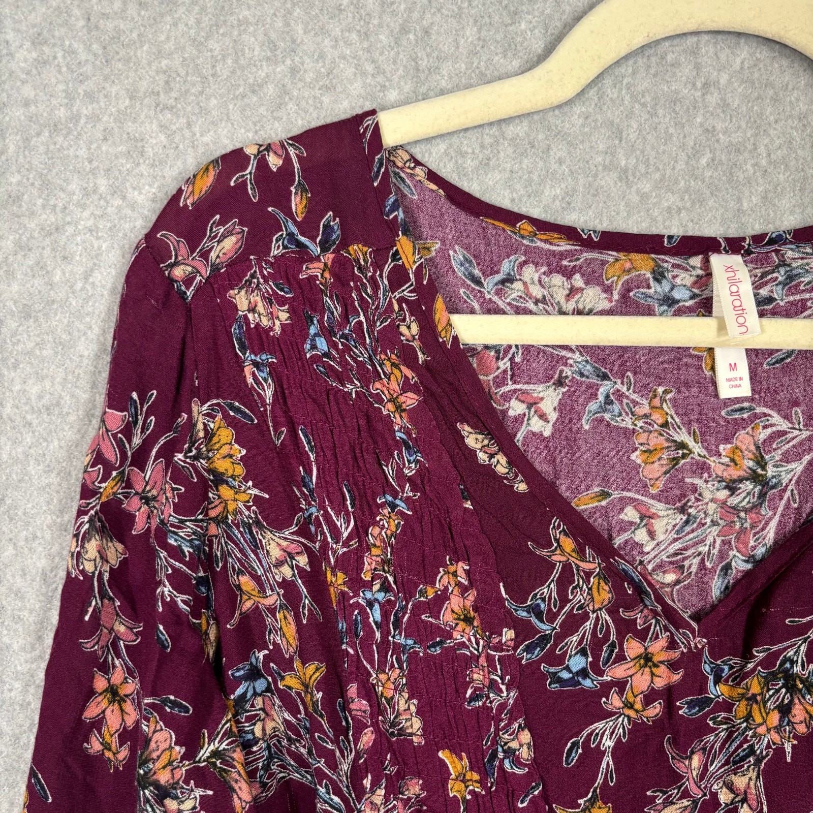 Xhilaration Blouse Medium Burgundy Tiered Smocked Cottage Peasant Boho Farmhouse