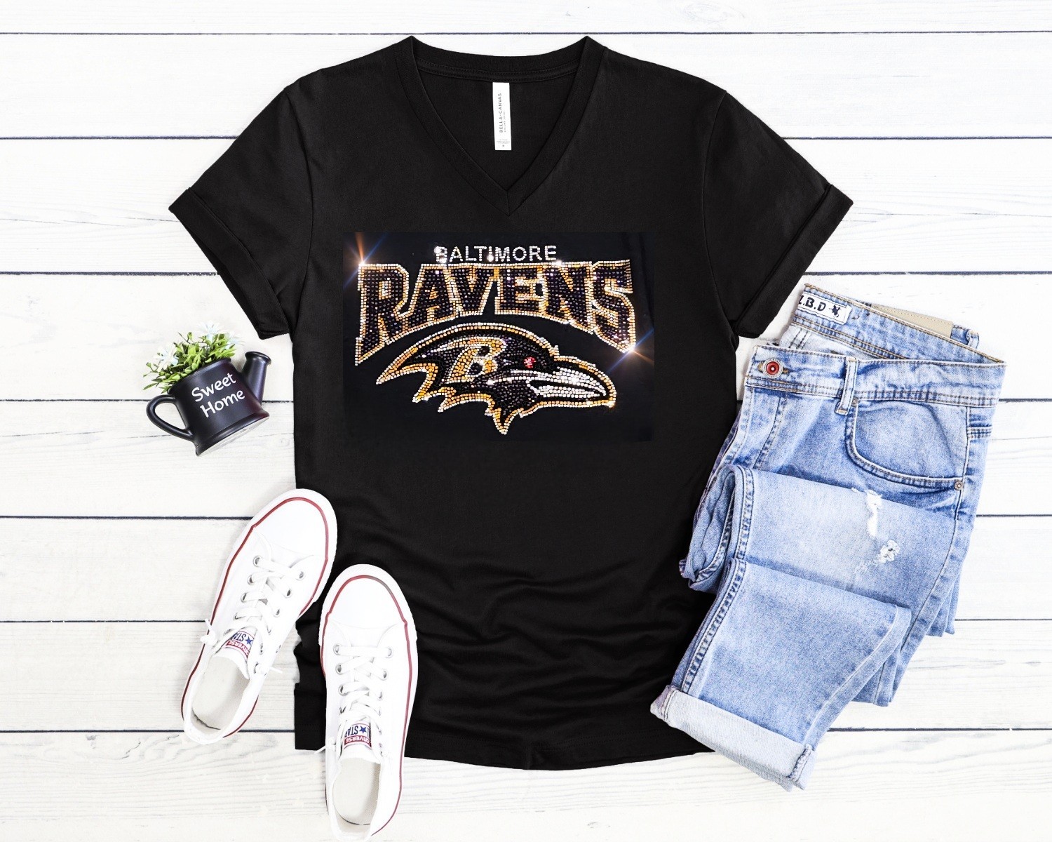 New Baltimore Ravens Rhinestone Relaxed fit Womens Sizing VNeck T-shirt S – 4X
