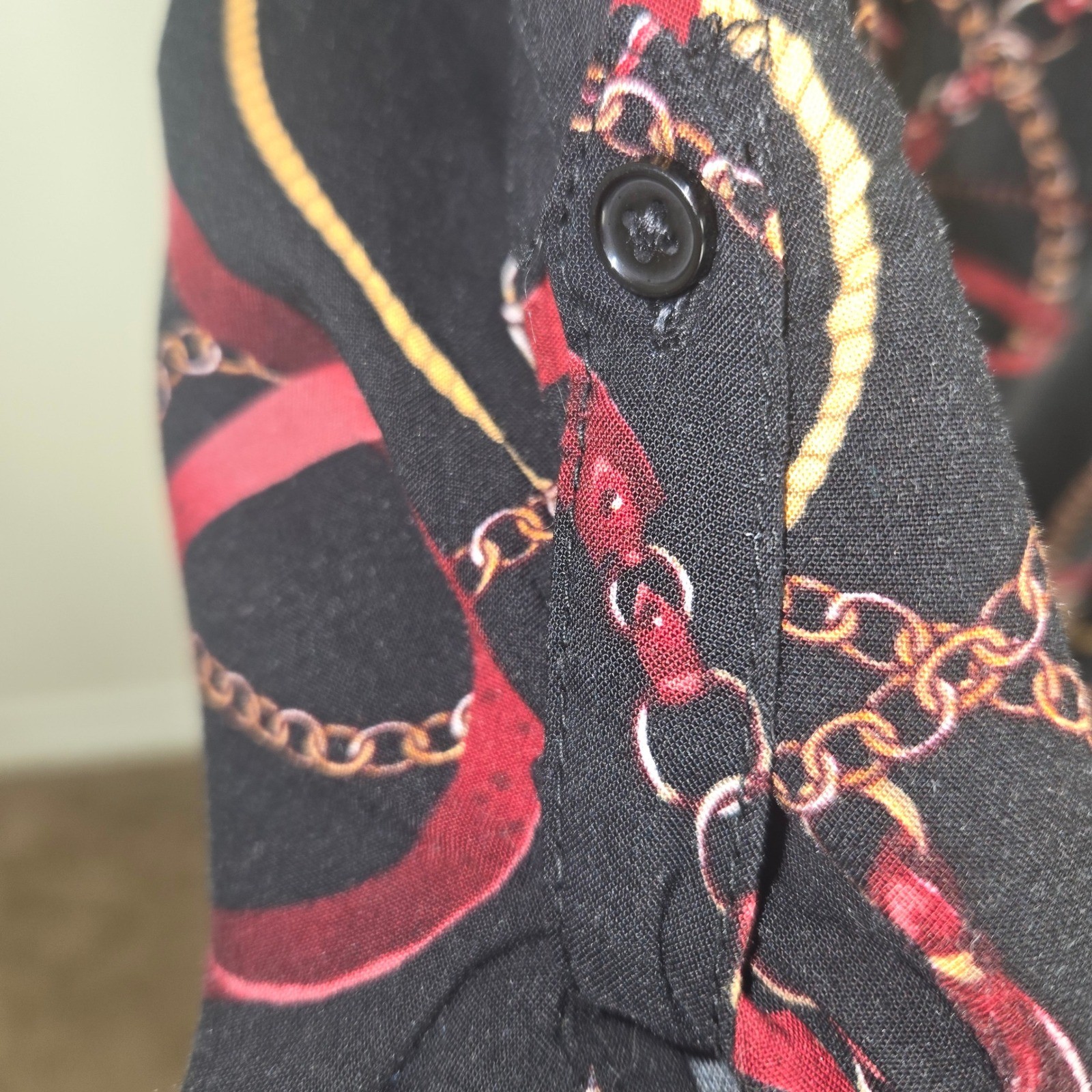 Equestrian Chain Print Tunic Dress M Black Gold Button Front Mob Wife