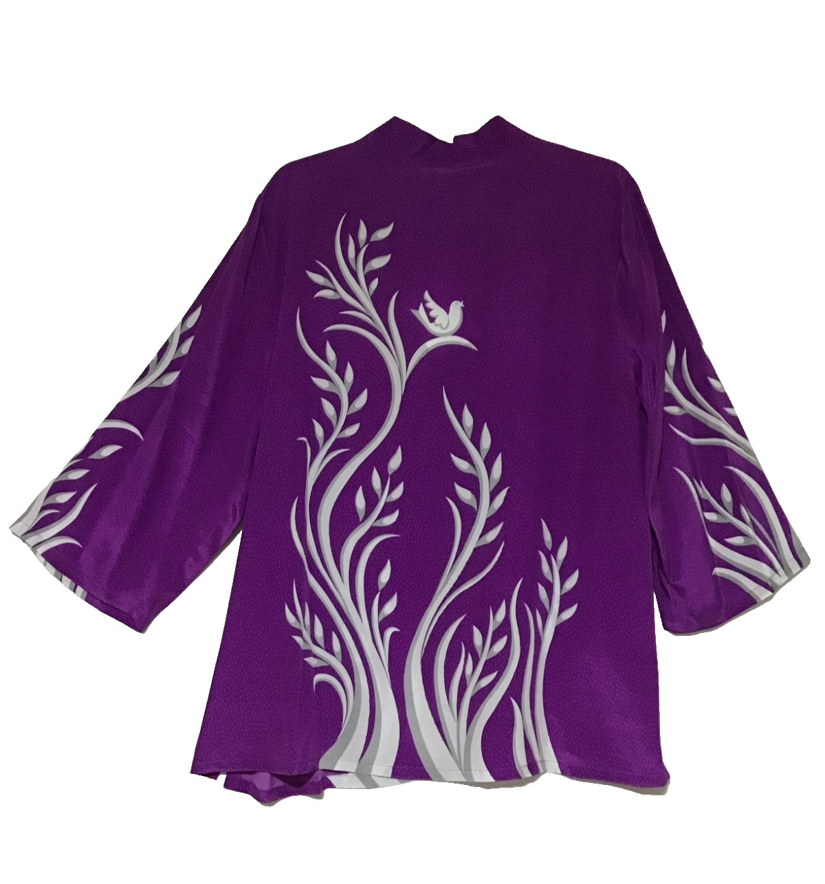 Vtg Bob Mackie Wearable Art Blouse 100% Silk Purple XL Butterflies Bird Artsy