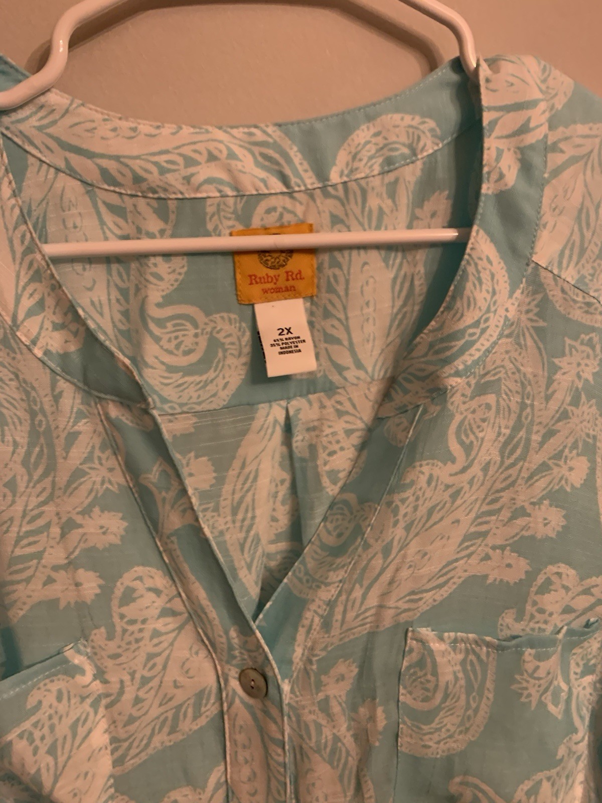 Ruby Rd Button Front Roll Tab Slv, Paisley Aqua White Tunic Beautiful 2x