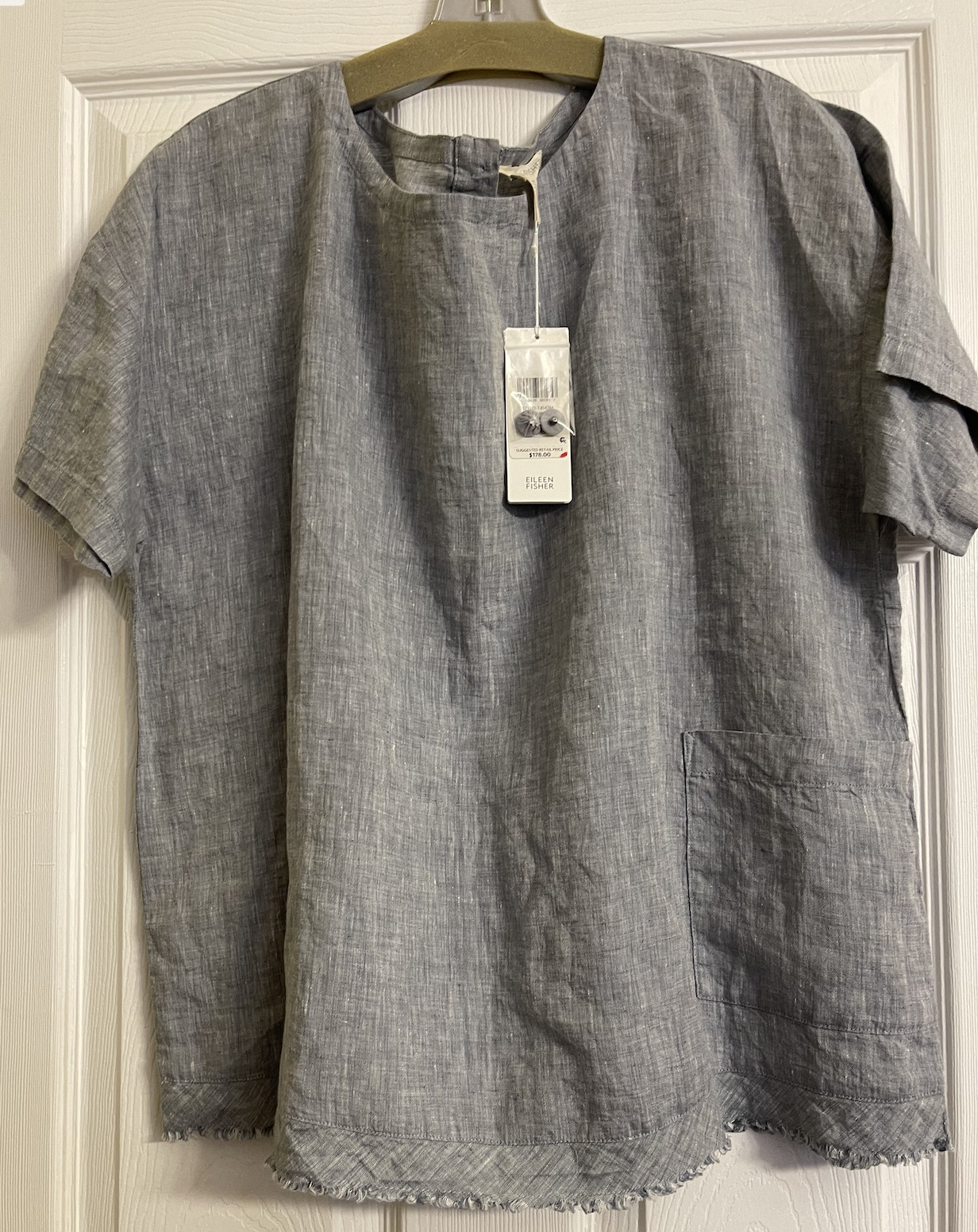 NWT $178 Eileen Fisher Chamber Yarn-Dyed Organic Handkerchief Linen Top Large